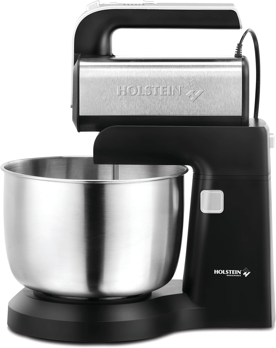 Holstein Housewares Batidora de mano y de pie de 5 velocidades, potencia de 250 W con luz LED, negro y acero inoxidable - Batidora versátil para hornear, batir y más