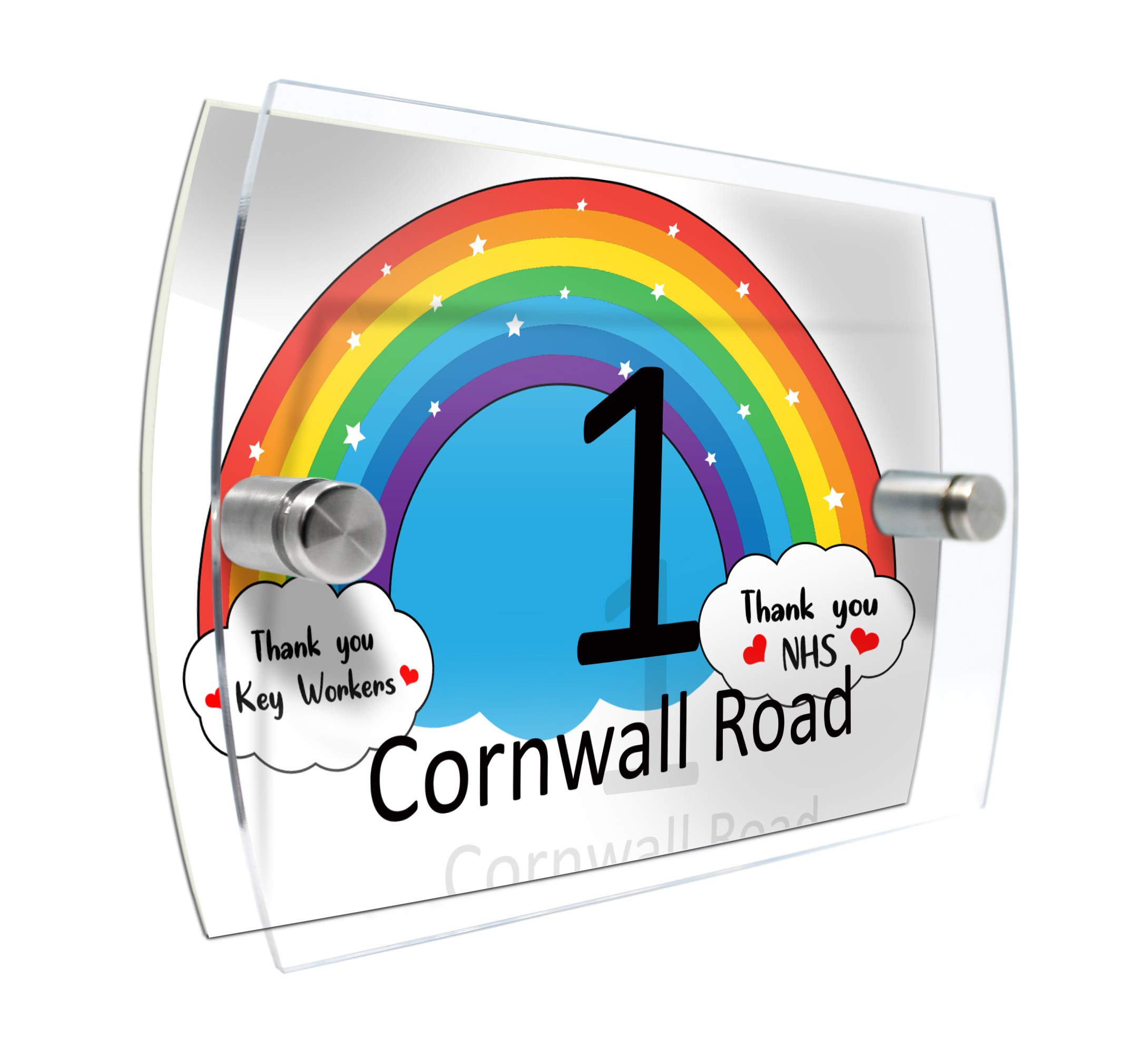 ColourbatPersonalised House Number Sign Printed Plaque Garden Glass Effect Acrylic Sign Door Plate Marble Wall Display 2 Part Branded Acrylic (Rainbow NHS)