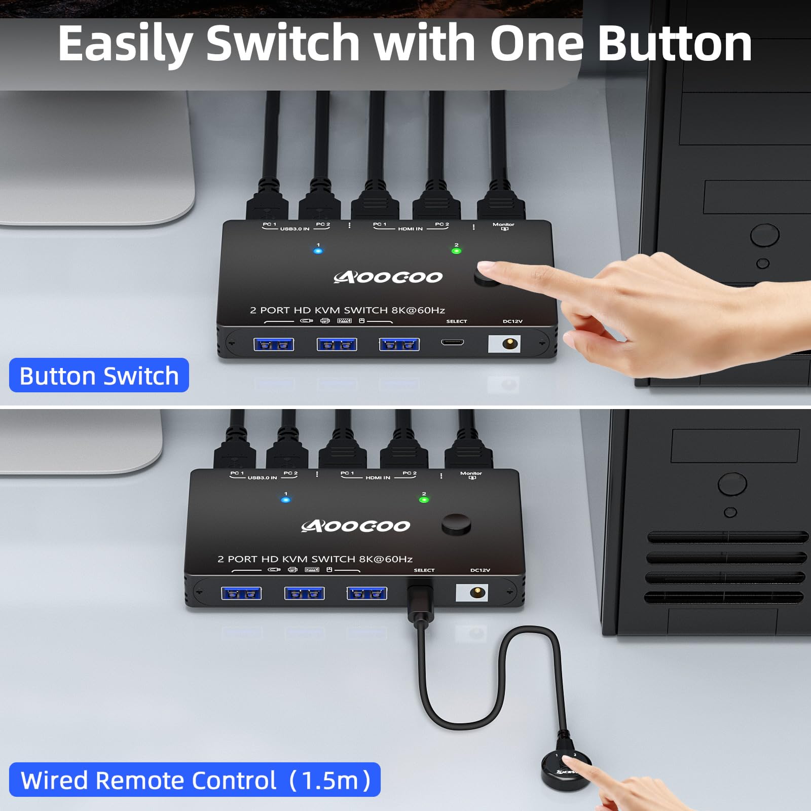 Conmutador KVM HDMI 2.1 8K @ 60 Hz, conmutador KVM HDMI 2.1 para 2 ordenadores que comparten monitor y dispositivos USB 3.0, mando a distancia por cable y cable USB incluido