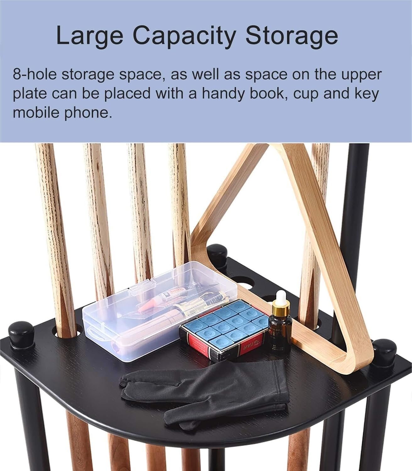 Black Wooden Corner Floor Standing Pool Cue Rack – Holds 8 Billiard Cues, Modern Game Room Organizer