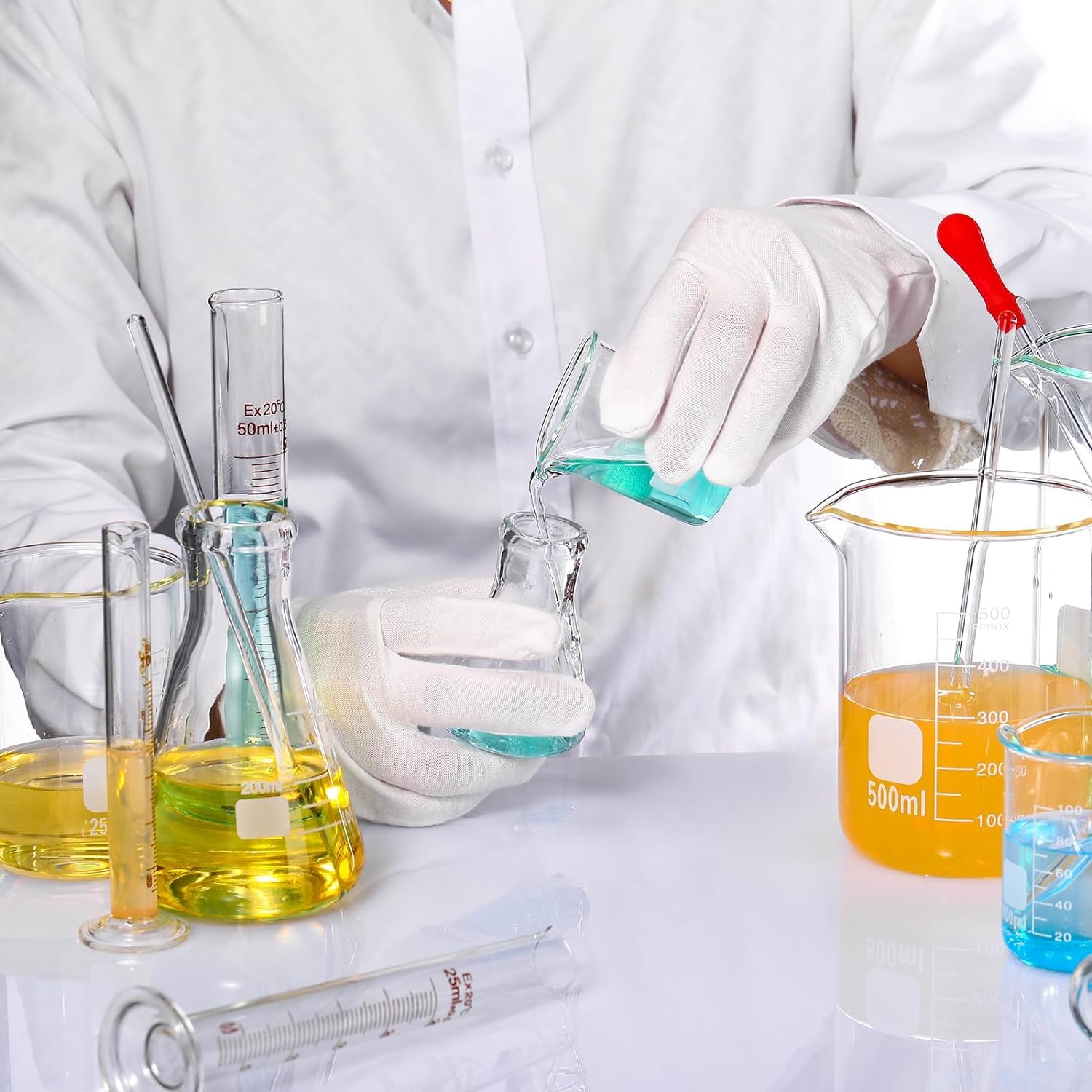 Juego de frascos Erlenmeyer de vidrio (150 ml/100 ml/50 ml), con 4 vasos graduados de vidrio, 3 cilindros de medición de vidrio con 3 cuentagotas de vidrio, 2 varillas de agitación de vidrio