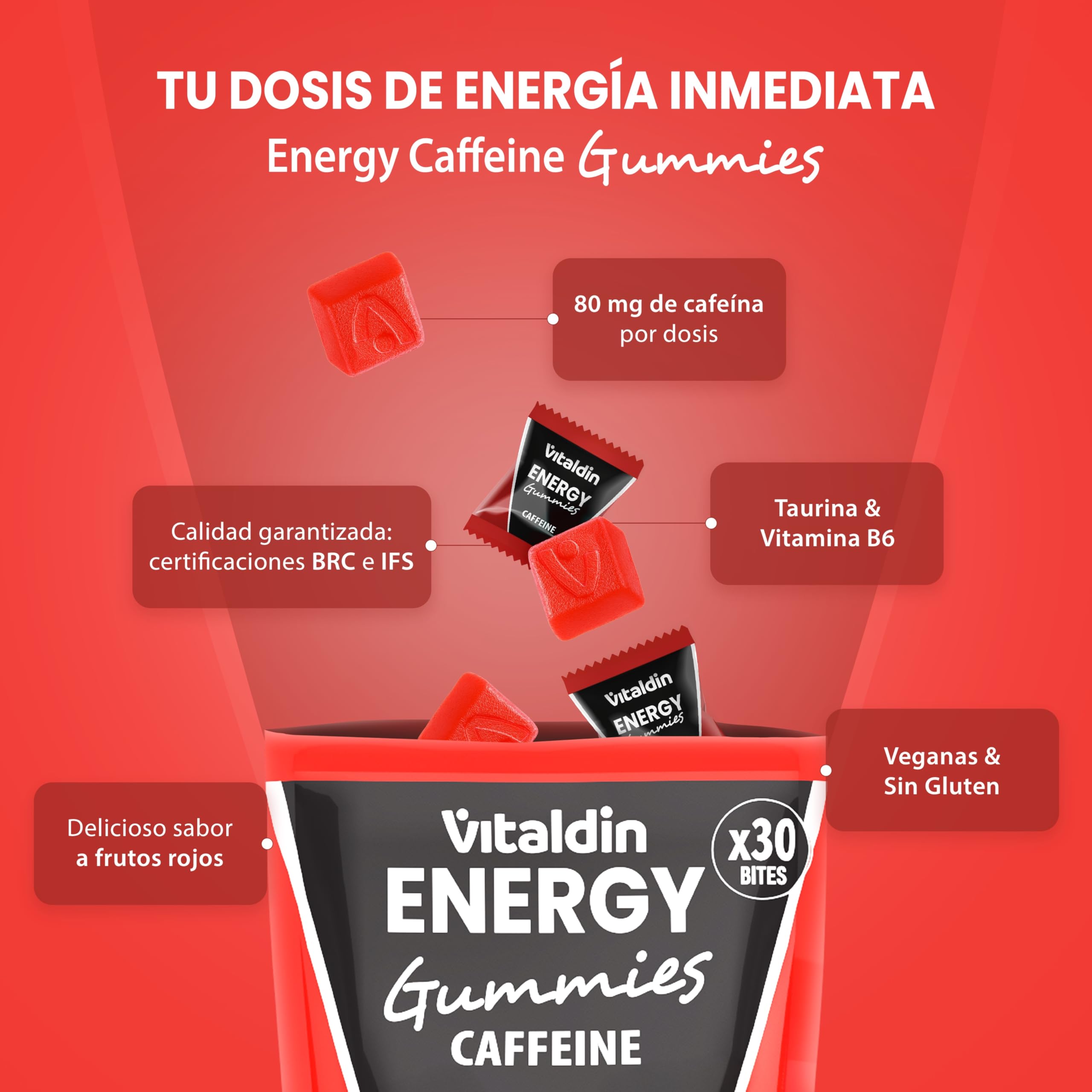 VITALDIN SPORT Power Gummies Caffeine & Taurine – 80 mg Cafeína, 40 mg Taurina por serving + Vitamina B6 – Doypack de 30 Bites de gominola – Sabor frutos rojos – Vegano