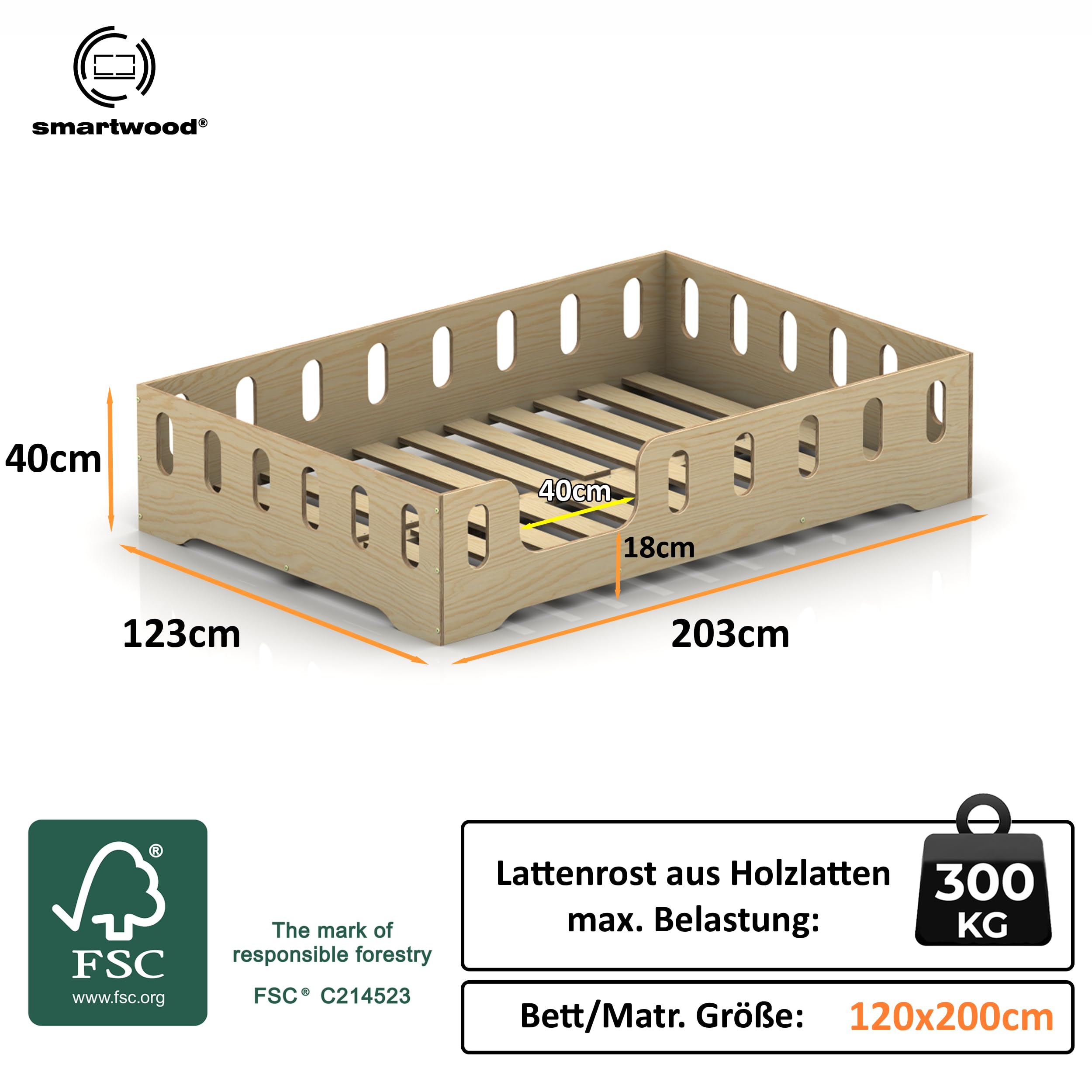 Smartwood Bodenbett 120x200 cm Weiß Montessori Kinderbett aus Holz mit FSC-Zertifikat TILA 2L Rausfallschutz Lattenrost bis 300kg