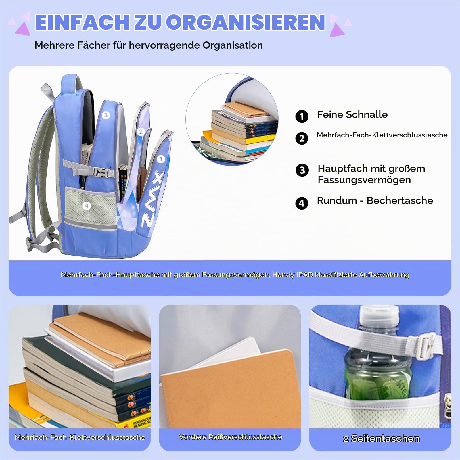 Amythe Schulrucksack Mädchen Teen 8-15 Jahre Groß Modern Robust, Hellblau | Wasserdicht Reflektierend Leicht Ergonomisch Hellblau Daypack Multitasche Geräumig für Schule Reisen Wandern Freizeit