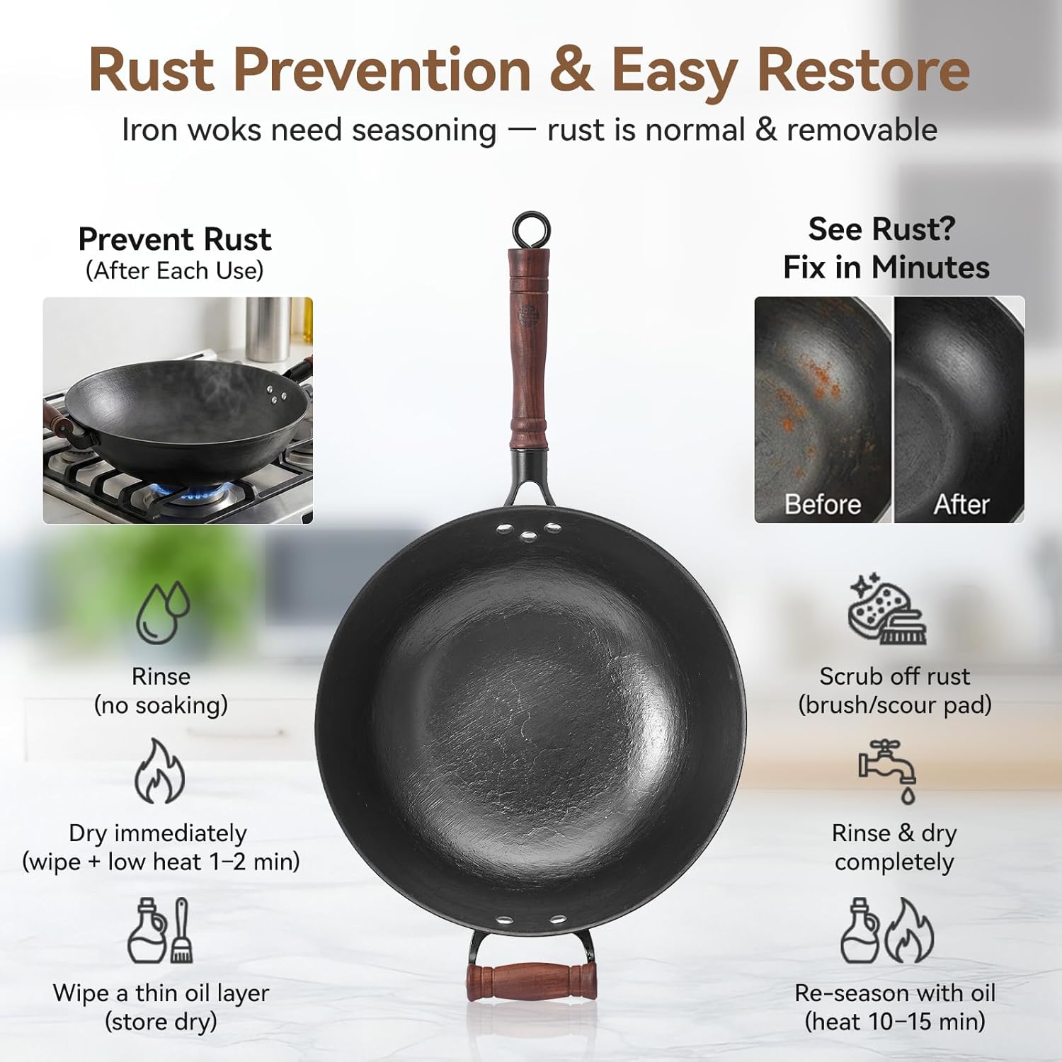 WANGYUANJI 13.4 Inch Cast Iron Wok Pan with Lid, Flat Bottom Uncoated Stir Fry Skillet, Heavy Duty Chinese Iron Pot for Family Cooking, Induction & Gas Stoves Compatible