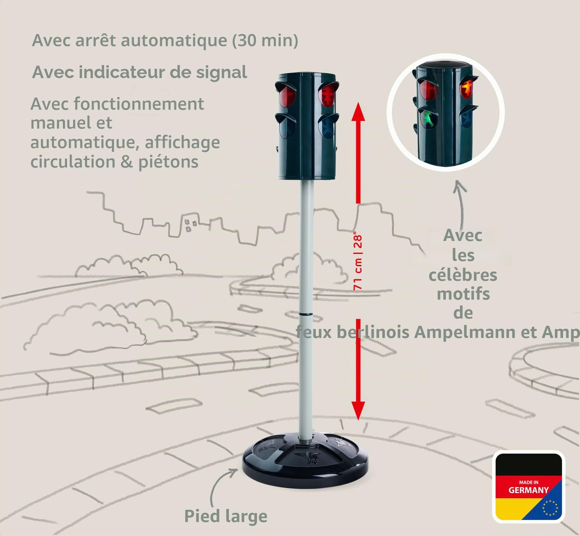 Grand feu de signalisation AMPELMANN (71 cm) – Grand Jouet de Feux de Circulation pour Enfants à partir de 3 Ans avec lumière & Bonhomme de Circulation culte, Lampe pour Enfant avec 4 côtés jouables