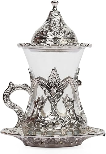 Miniatura 8 de Alisveristime Juego de 6 vasos de té turco hechos a mano con platillo de agua Zamzam (plateado)