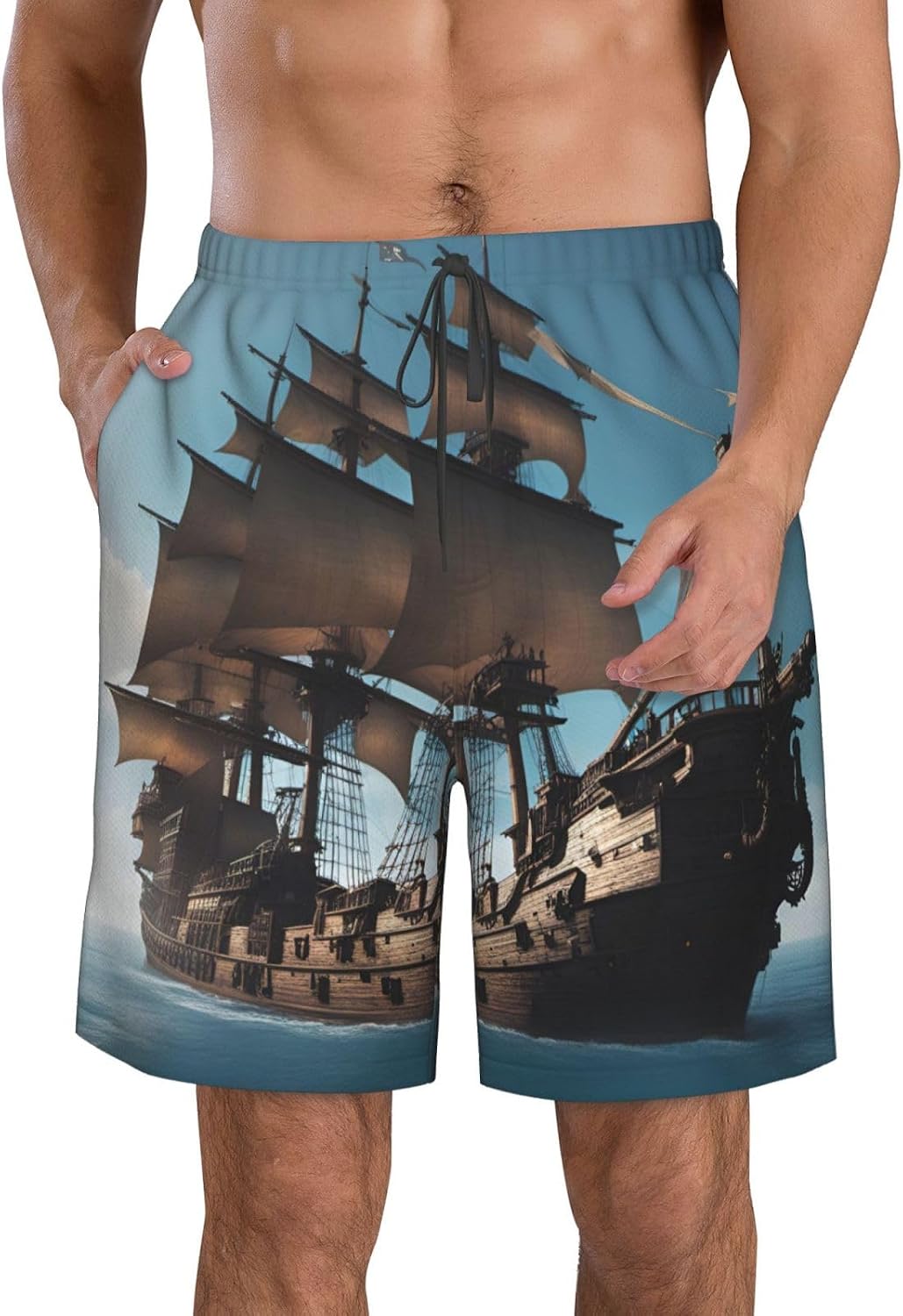 Mens Cool Pirate Ship Print Beach Shorts,Casual Summer Shorts for Men,Quick Dry Polyester