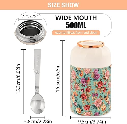 Miniatura 3 de MCHIVER Colorful Flowers Leaves Food Jar with Spoon Stainless Steel Vacuum Insulated Food Container 17 oz Soup Thermos for Lunch