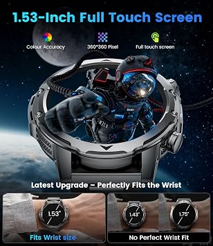 1.53'' Smart Watches for Men with 1000mAh Battery/Flashlight, Military Smart Watch with 120+ Sports Modes, Heart Rate/Sleep Monitor/IP68 Waterproof, Fitness Tracker for Android iOS, Black