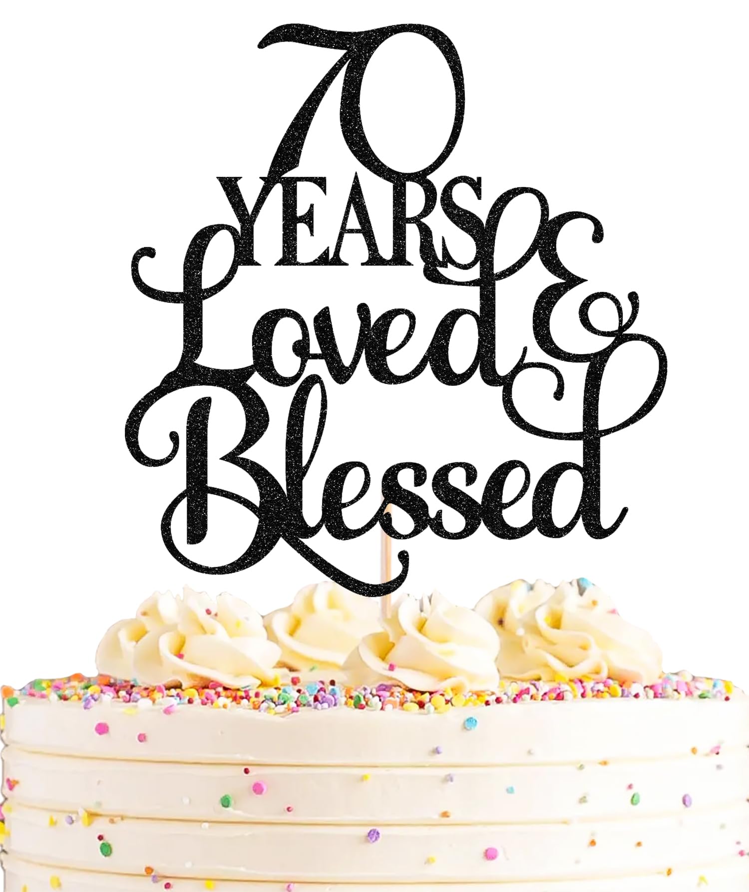 AHAORAY 70 Years Loved Cake Topper - Black Glitter 70th Birthday Cake Decorating Supplies, Perfect for 70th Anniversary or Birthday Photo Booth Props