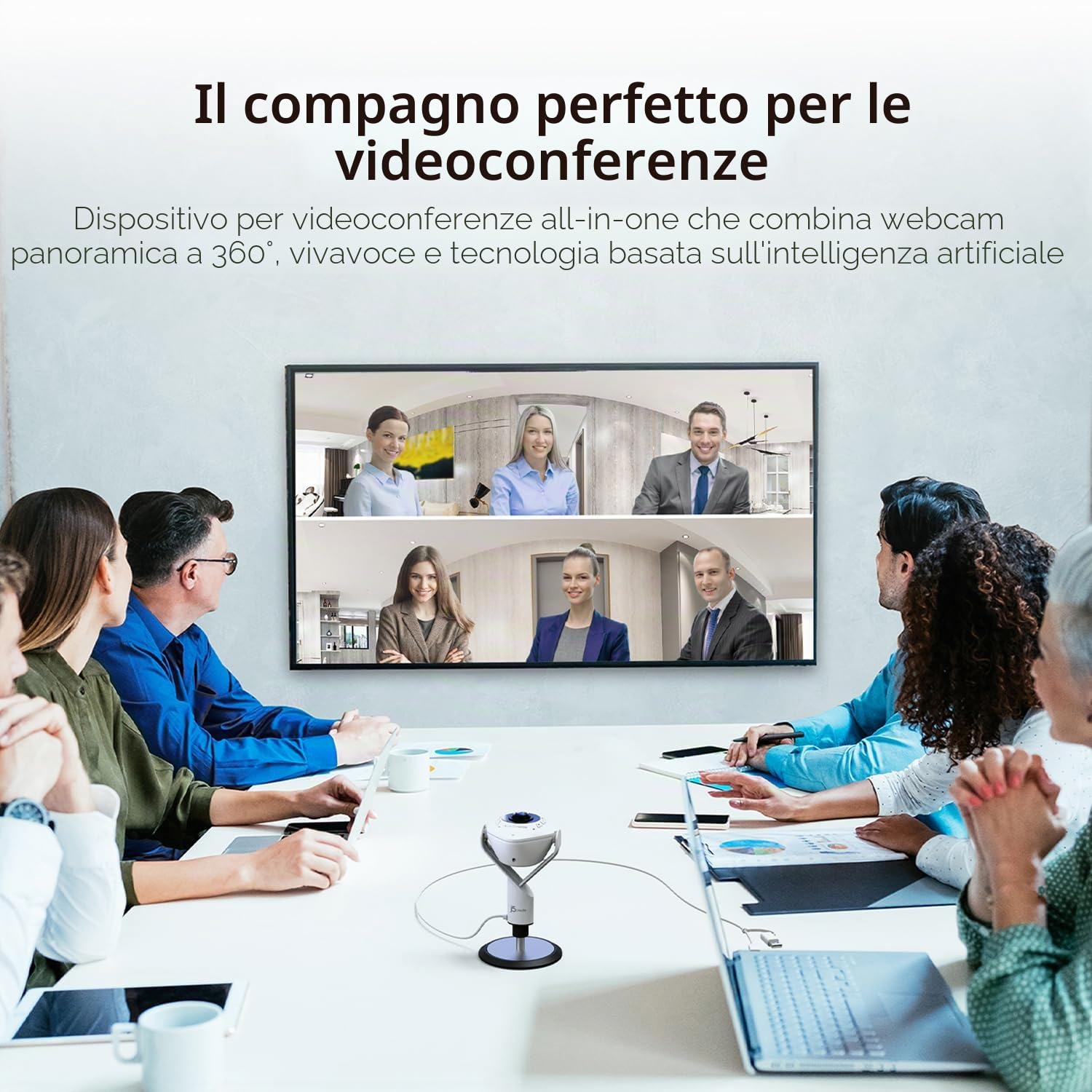j5create 360 AI-Powered Meeting Webcam con vivavoce, Smart-Tracking, Auto-Framing, videocamera per videoconferenze HD 1080P, con telecomando (JVU368)