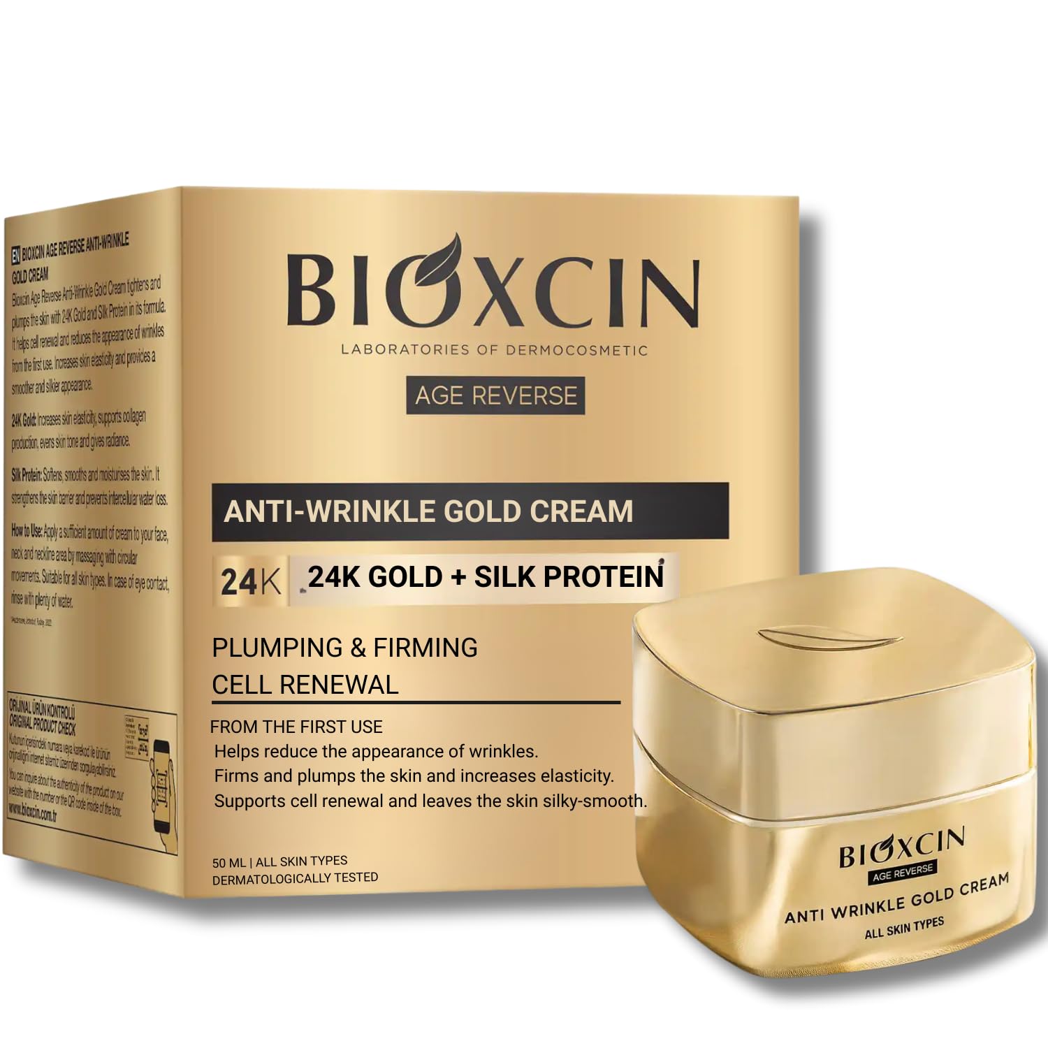 Bioxcin Age Reverse Kırışıklık Karşıtı Altın Krem 50 ml – 24K Altın, İpek Proteini, Pantenol ve Zeytinyağı İçerikli – Cilt Sıkılaştırıcı ve Nemlendirici