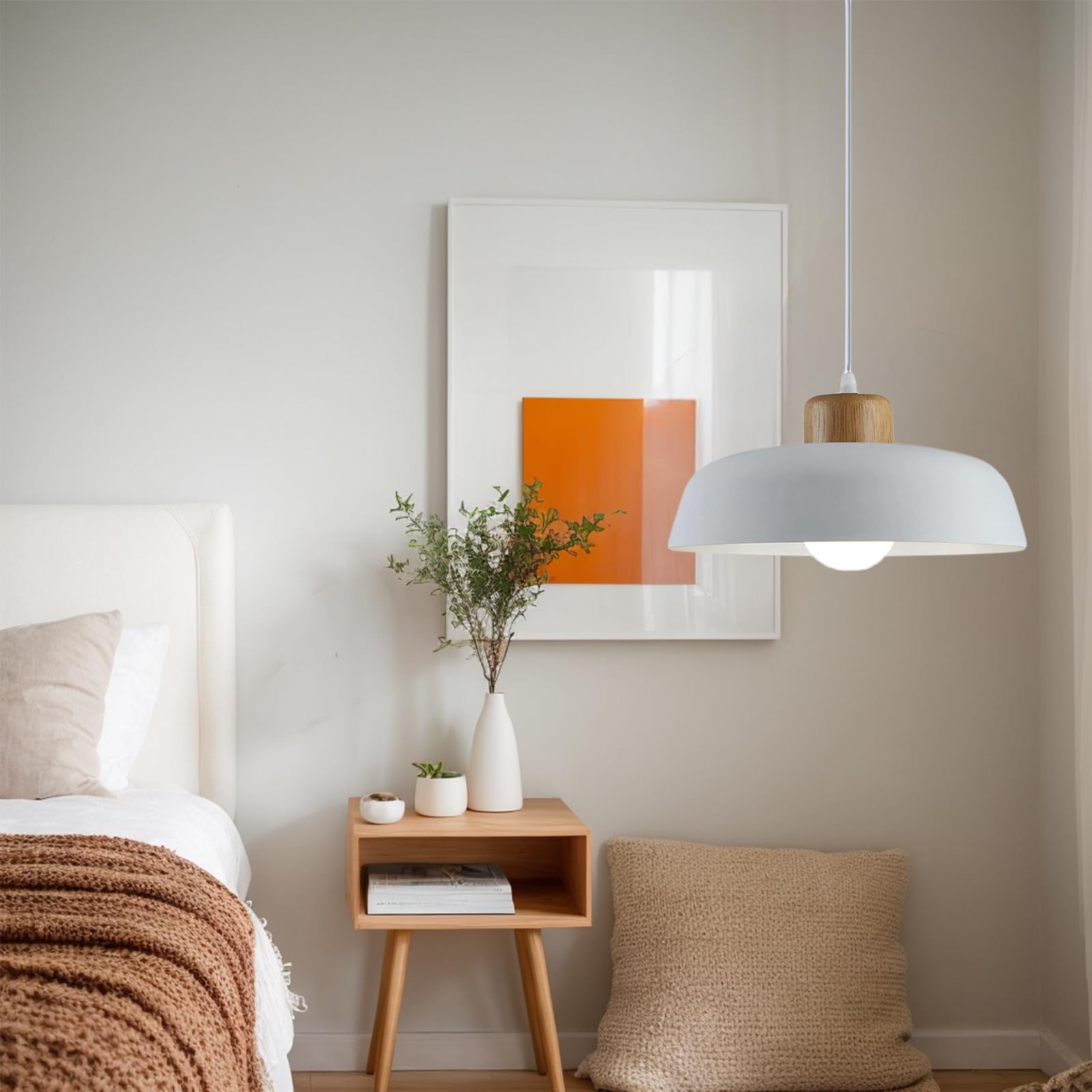EKSED Makaron, okrągła metalowa lampa wisząca, 300 mm, nowoczesne proste drewniane wykończenie E27 Loft Bar Lampa sufitowa, kuchnia wyspa żyrandol do jadalni (biały)
