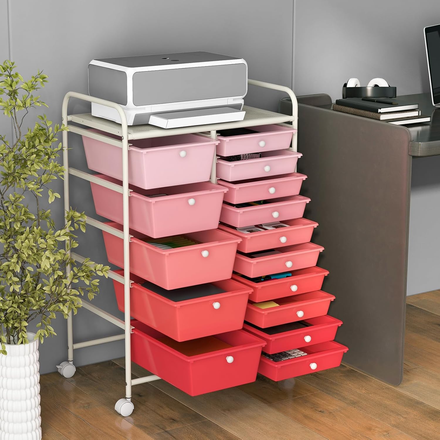 HOMGX Storage Cart with 15 Drawers, 15 Tier Multicolor Rolling Cart, File & Debris Storage Drawers on Lockable Wheels, Rolling Drawer Cart for Office/School/Home, Gradient Pink