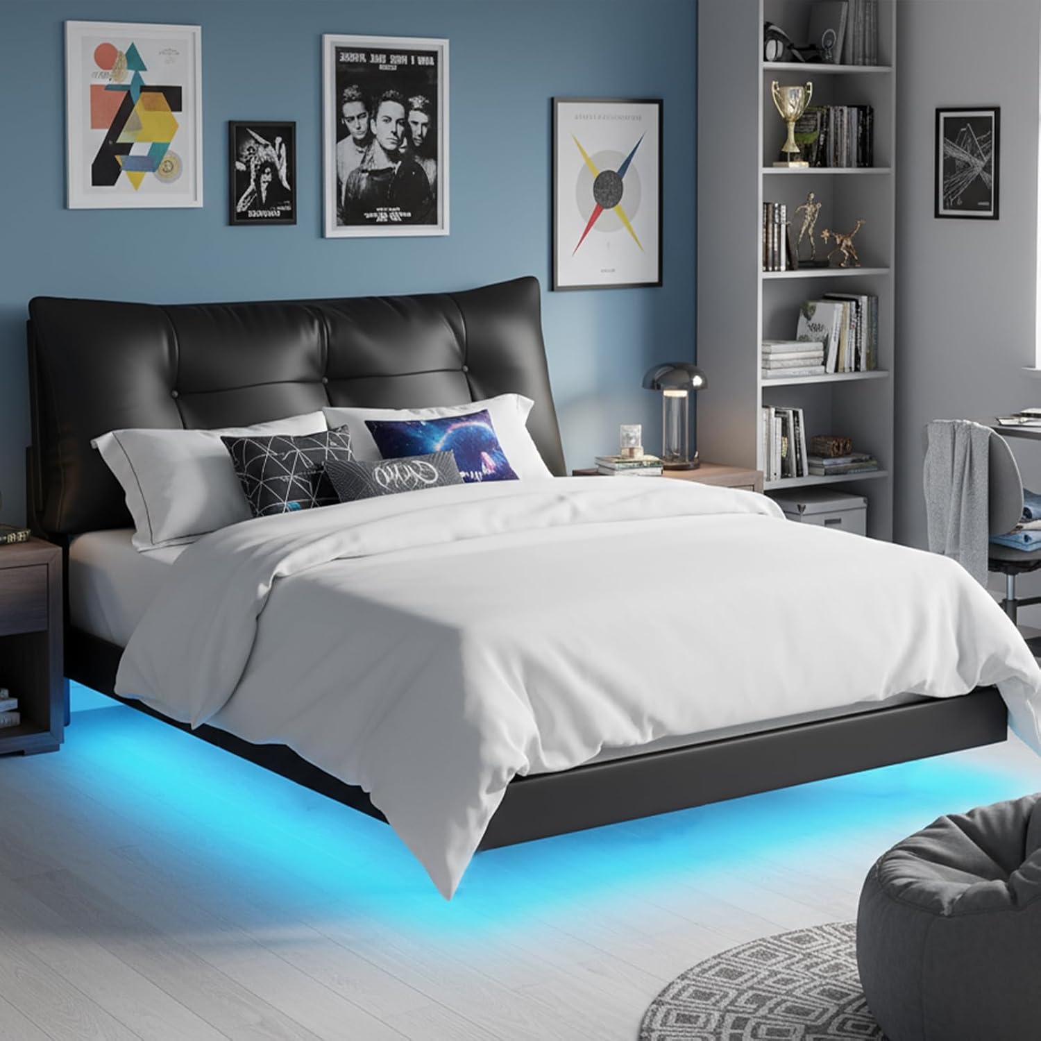 AOGLLATI Full Size Bed Frame with Headboard and Storage, Floating Bed Frame Full Size with Thick Upholstered Detachable Backrest, LED Full Bed, No Box Spring Needed, Black