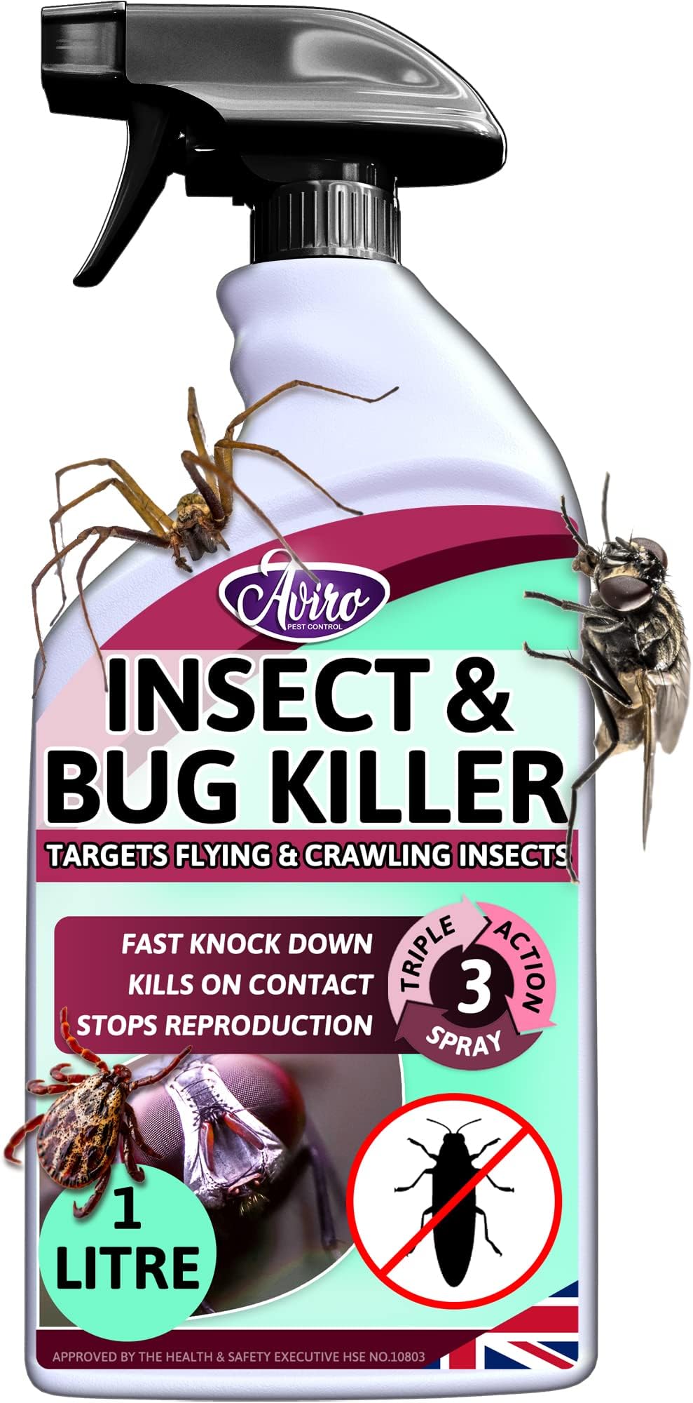 Aviro Bug & Insect Killer Spray - Targets Flying & Crawling Insects Inc Ants, Cockroaches, Beetles, Fleas, Mites, Spiders, Silverfish & Wasps. Professional Insecticide Bug Spray For The Home. 1 Litre