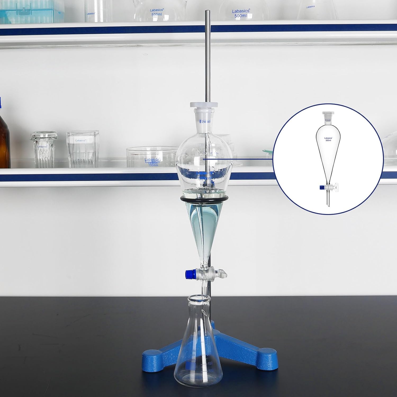 Labasics Borosilicate Glass 1000mL Conical Separatory Funnel with Glass Stopcock, Ideal for Liquid Separation in Laboratories
