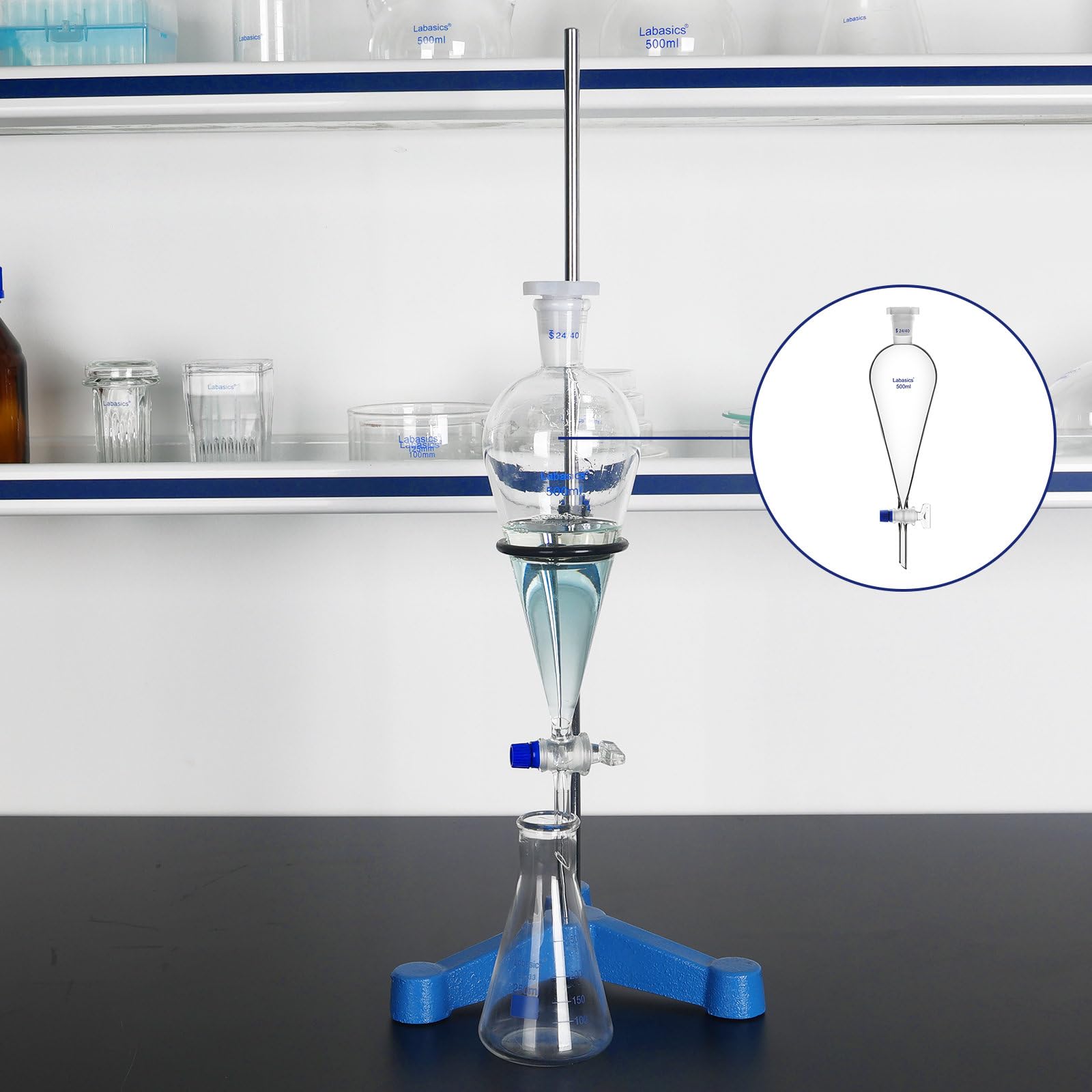 Labasics Imbuto Separatore Conico in Vetro Borosilicato 250 ml con Rubinetto in Vetro, Ideale per la Separazione dei Liquidi in Laboratorio
