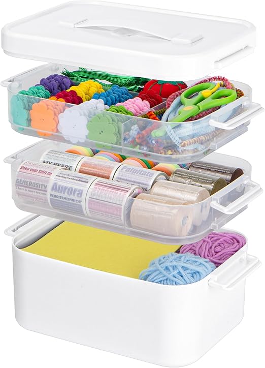 3-Tier Plastic Craft Organizers and Storage Box with Removable Trays, Portable Art Supply Storage Organizer with Handle, Art & Craft Storage for Organizing Bead, Sewing, Tool