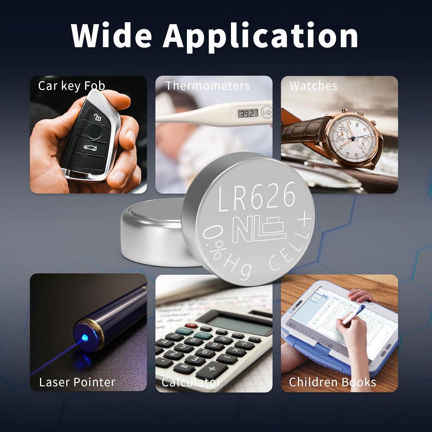 Collage of various devices that use PKCELL LR626 batteries, including a car key fob, thermometer, watch, laser pointer, calculator, and children's book.