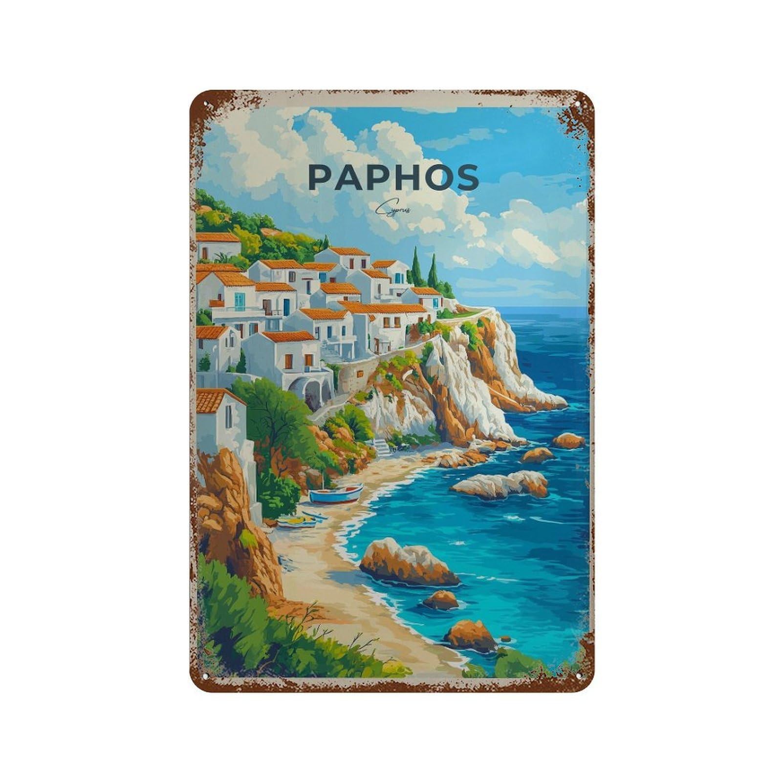xiaoxiaoshen Paphos Cyprus Travel Mediterranean Island Wall Decor Art Metal Tin Poster Modern Home Decor Art Home Bar Shop Decorations Vintage Sign 30x20cm