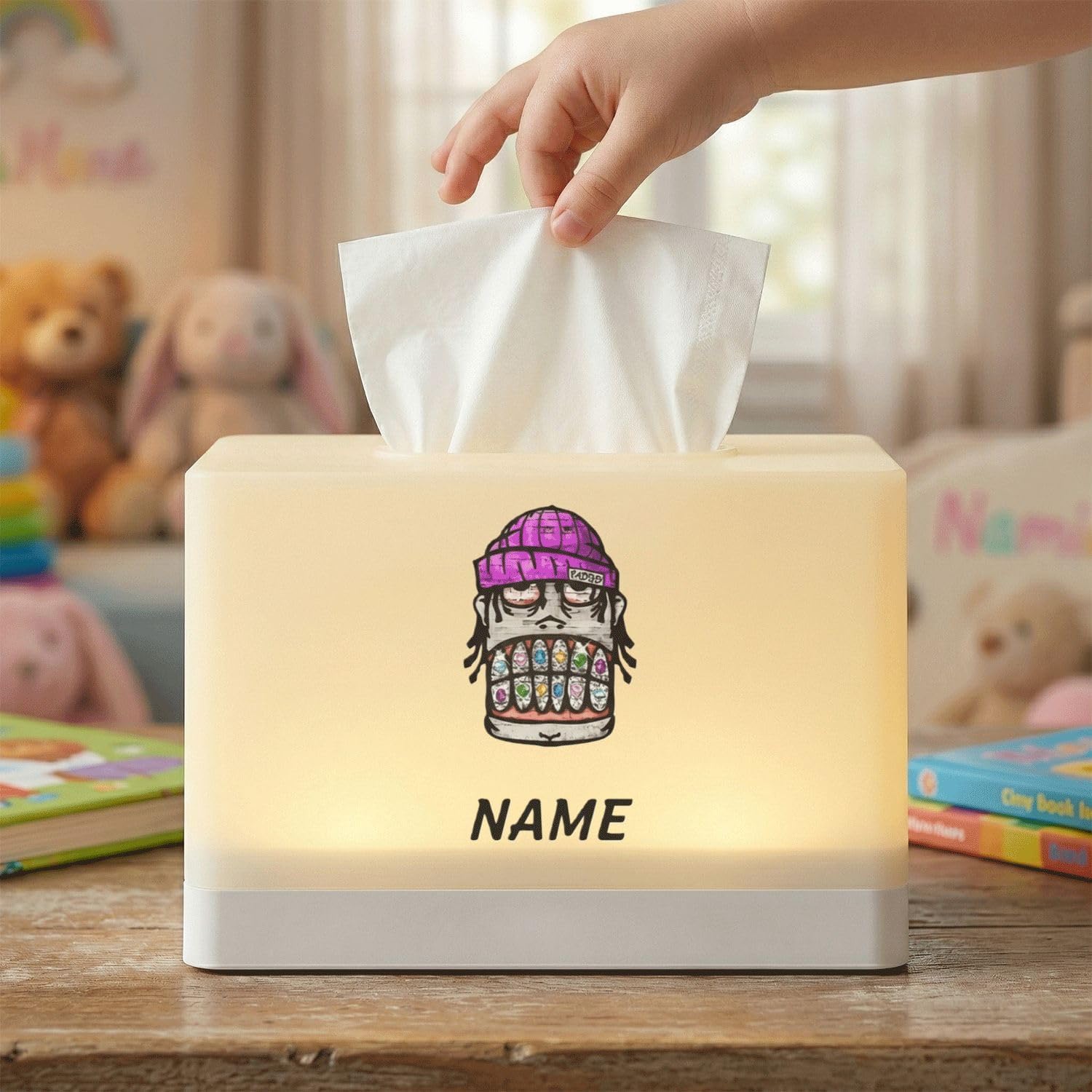 Custom Name Tissue Box Cover with LED Night Light - Personalized Monster Graphic Rechargeable Lamp for Bedroom Nightstand Decor image 5