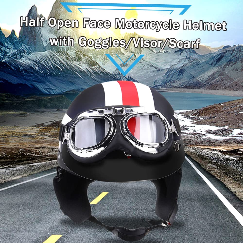GoolRC Casco de Moto Medio Abierto con Gafas Visor Bufanda Casco de Motociclista Scooter Touring