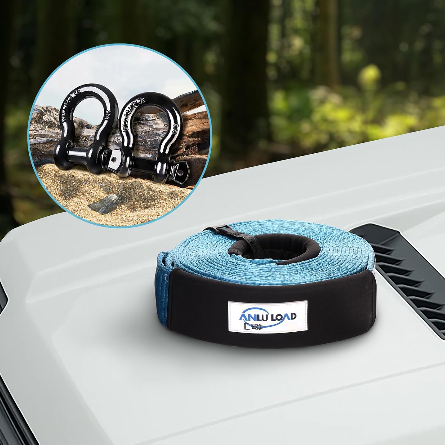 LLCC Heavy Duty Recovery Tow Strap Kit: 3in x 30ft, 35000lb Break Strength with 3/4in Forged D Ring Shackles (2pcs, 68000lb), Storage Bag - Offroad Accessories for Overlanding, 4x4, Towing