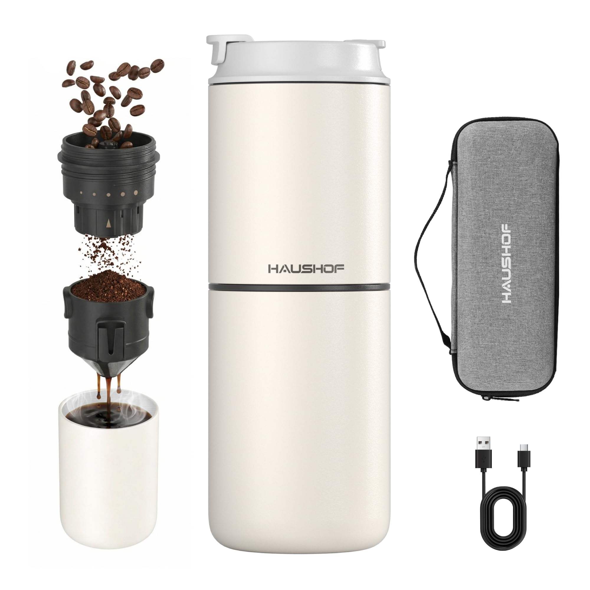 HAUSHOF Tragbares Kegelmahlwerk, Kabellose Elektrische Kaffeemühle | mit Integrierter Infusion, Doppelt Öffnendem Deckel, Edelstahlfilter und Thermobecher für Reisen und Camping, Weiß