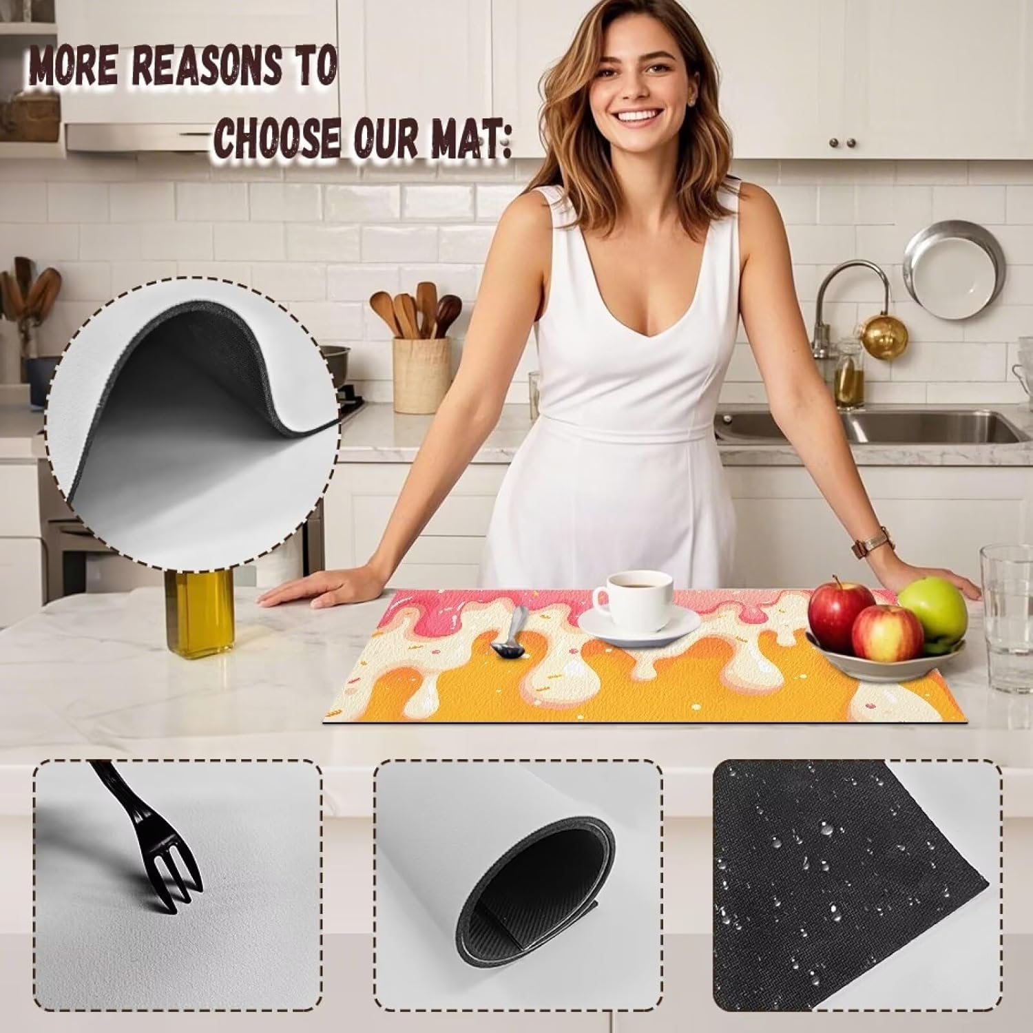 Dish Drying Mat for Kitchen Counter, Ice Cream Reusable Coffee Bar Mat for Countertops, Absorbent Hide Stain Dish Drying Mat, Heat-Resistant Drainer Mat