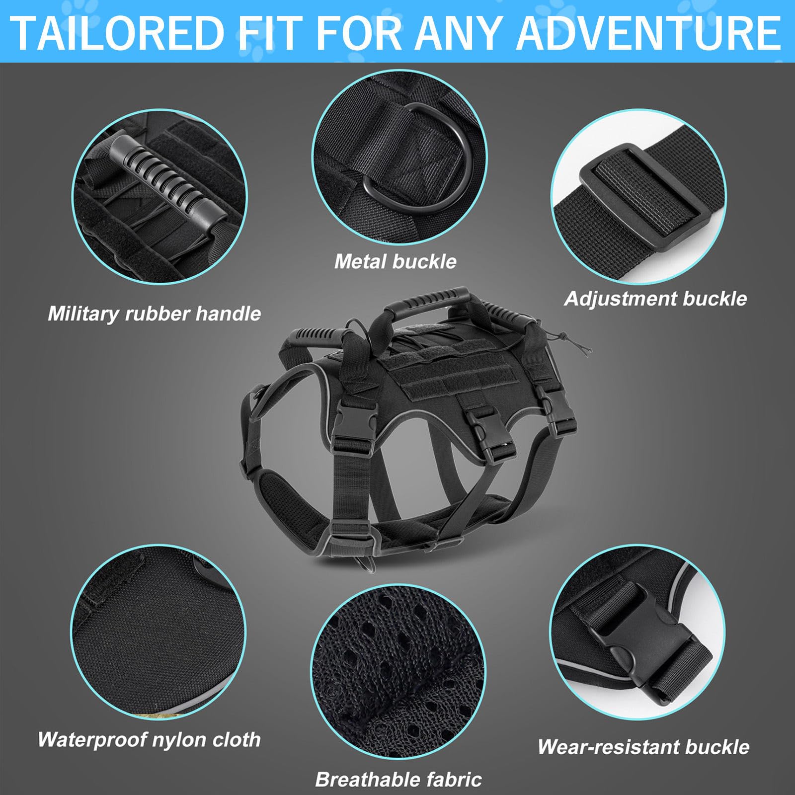 Dog Harness for Medium Dogs Anti Pull Black Waterproof Nylon Vest with Handle Metal Clasps Reflective Strips Reflective No-Choke with Easy Control Handle for Training or Walking - Image 4