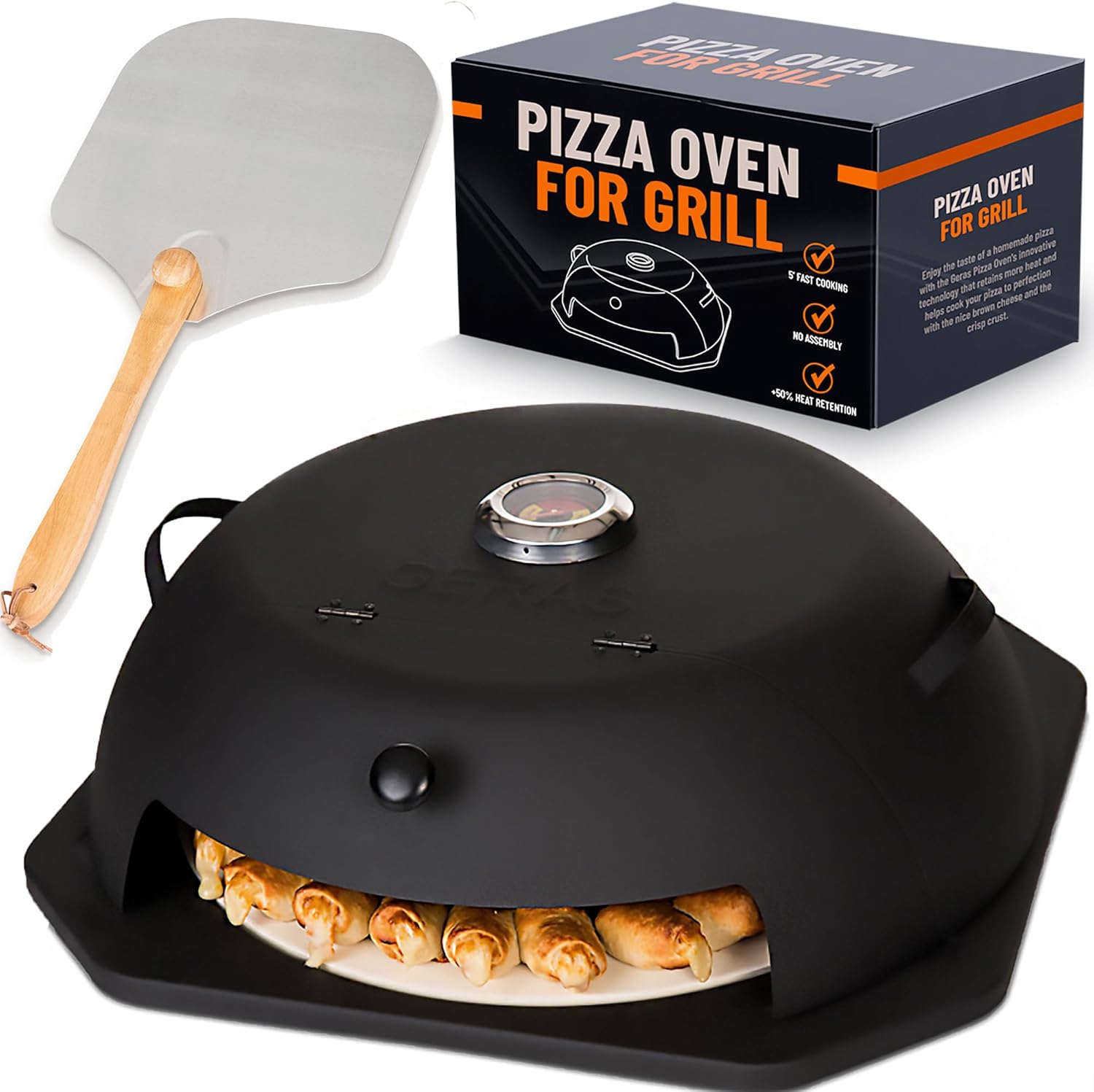HeatGuard Pro Geras Pizza Oven for Grill - Grill Top Pizza Oven For Outdoor Camping - Pizza Stone, Pizza Peel Kit - Portable Backyard BBQ Pizzas Maker Charcoal, Pellet, Propane Gas Wood Attachment