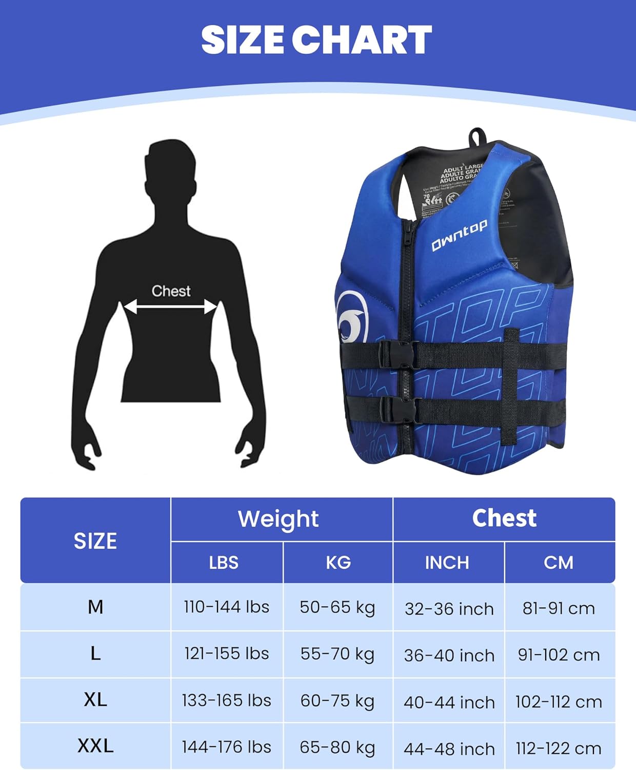 Owntop Swim Vest Adult Water Sport Vest Neoprene Floaties for Swimming, Boating, Kayaking, Fishing | Adjustable Zipper Dual Buckle Foldable Buoyancy Jacket