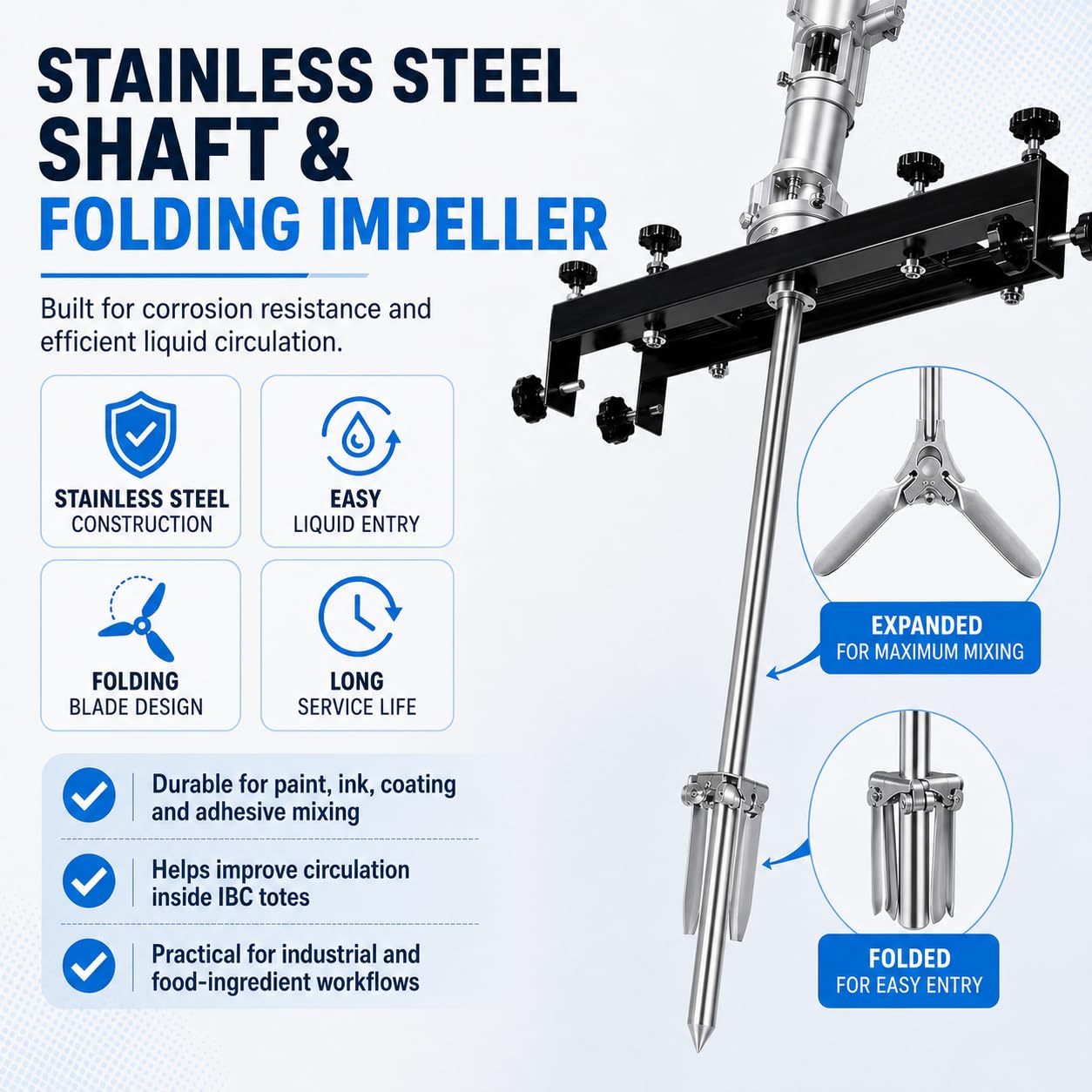 Agitador Mezclador De Asas IBC, Mezcladora Neumática con Soporte para Large5Cylinders | Doble Hélice De 250 Mm (Plegable), Fijación Segura, Mezcla De Alto Rendimiento