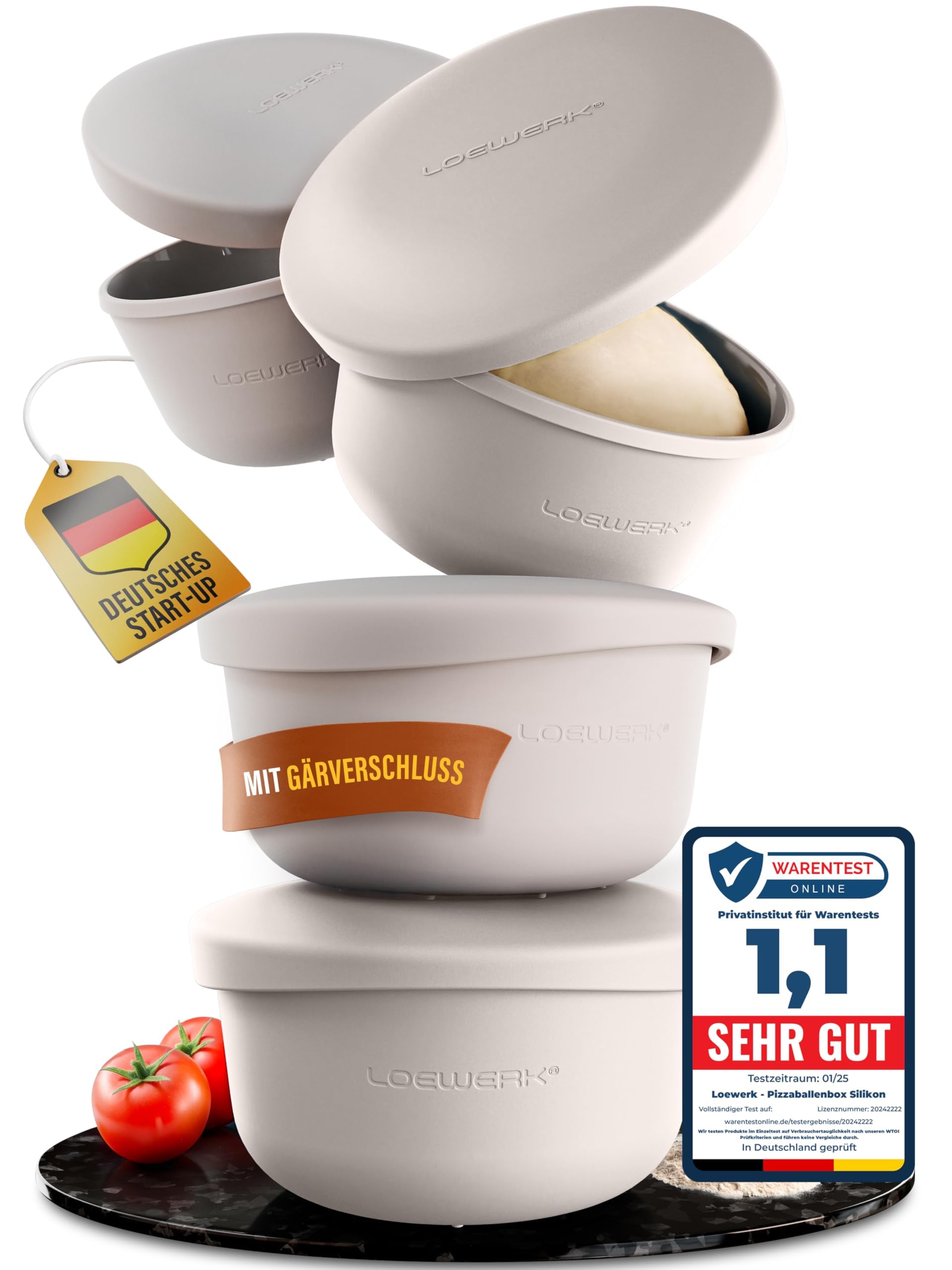 Pizzaballenbox mit Deckel – 4er Set – atmungsaktive Teigbox für perfekten Pizzateig - platzsparende Silikon Pizzateig Box mit Deckel, Pizza Box, Pizza Ballenbox, Gärbox – Grau