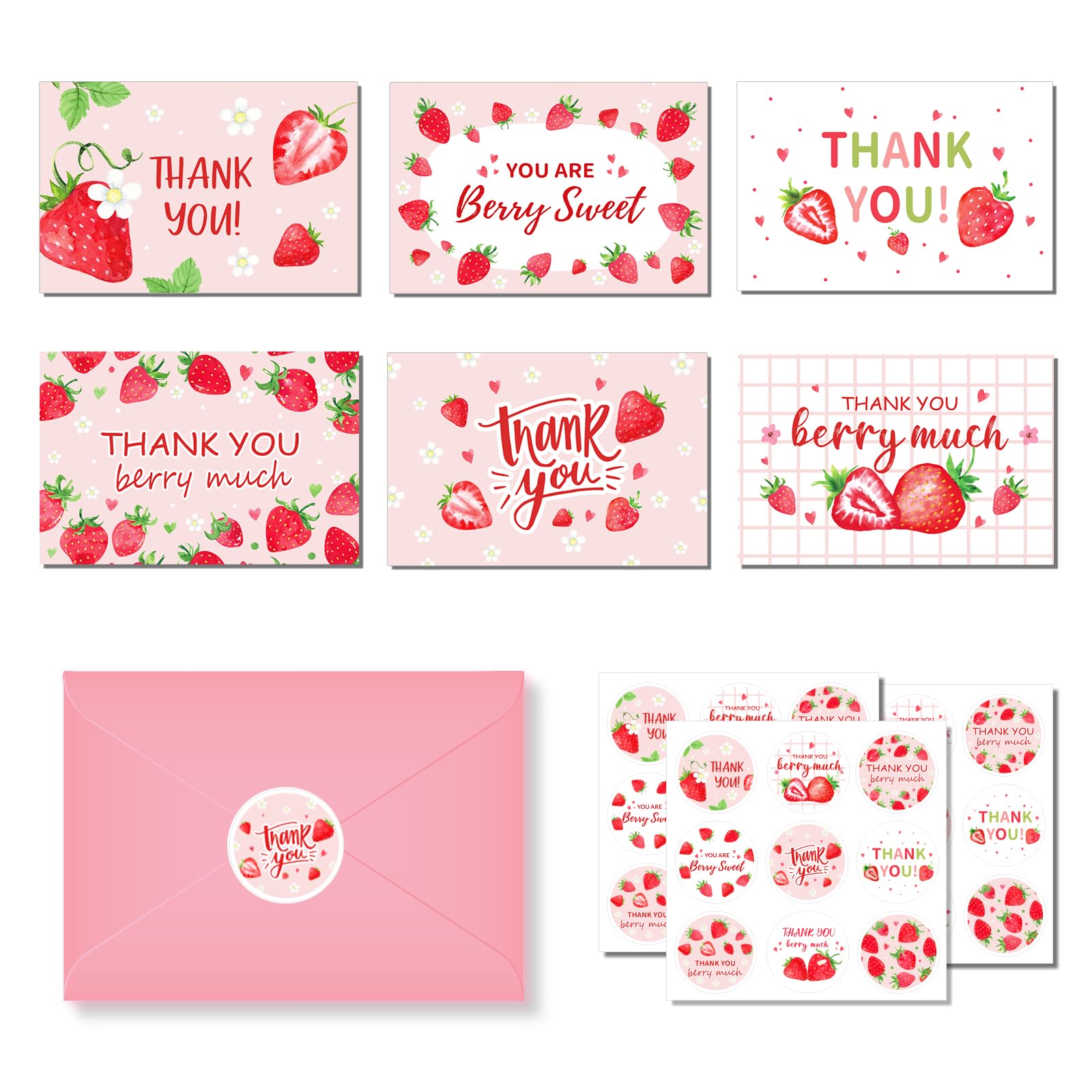 Thank You Cards with Envelopes, 24-Piece Set Strawberry Greeting Cards Strawberry Thank You Cards Foldable Congratulations Cards with Envelope Stickers, Baby Gift Party, Birthday Party, Wedding