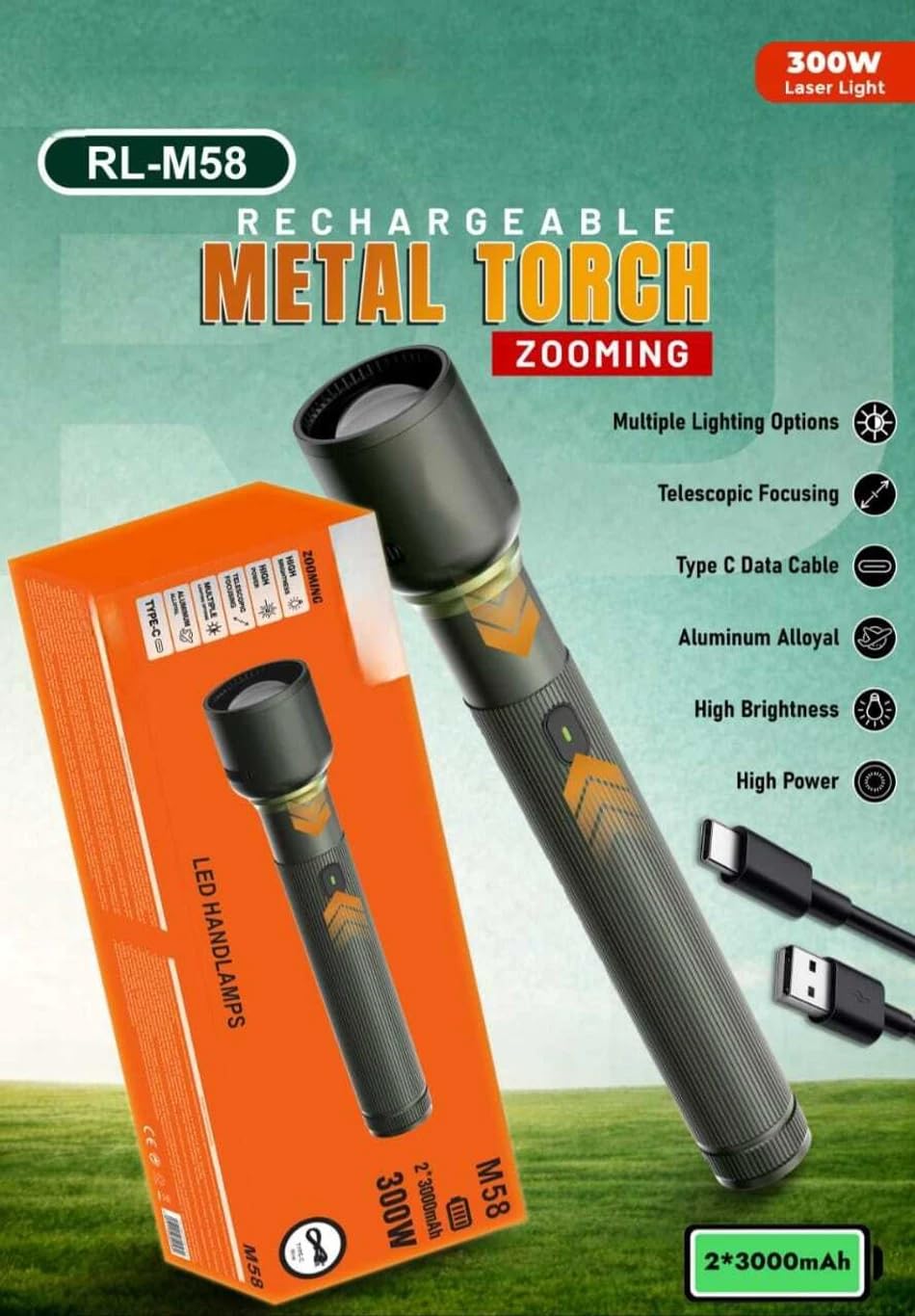 PICSTAR RL-M58 Tactical 300W Rechargeable LED Torch Light with Zoom Focus | High Power Metal Flashlight with Dual 3000mAh Battery, Type-C Charging & Multiple Modes-picture-30