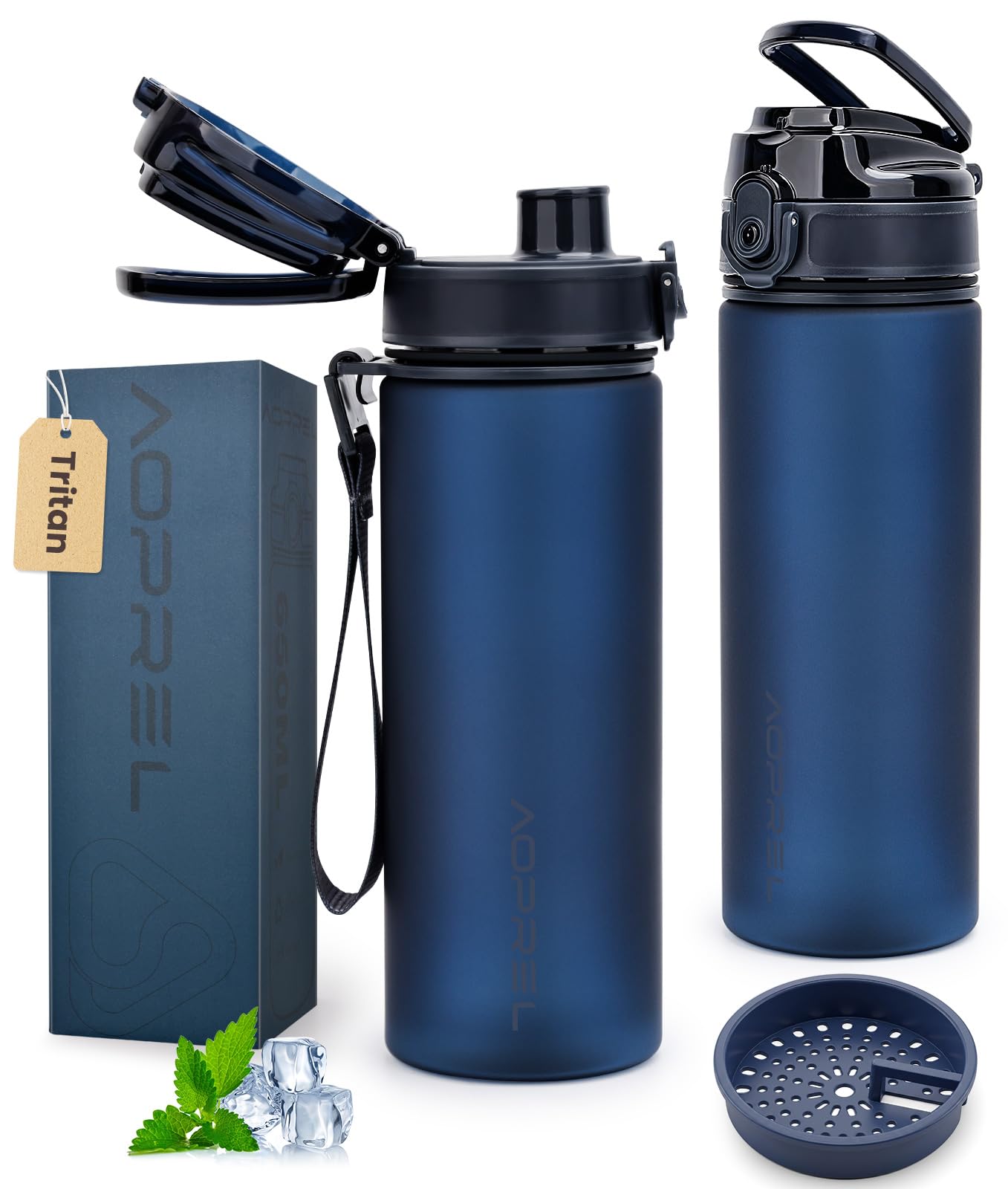 Aoprel Deep Blue Leakproof Water Bottle 1L/650Ml With Time Marker, Bpa-Free Tritan