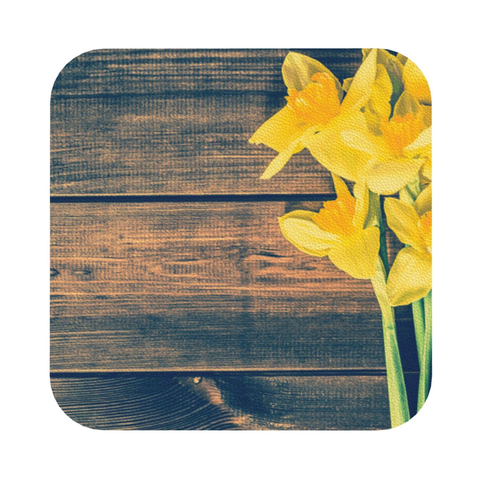 Bouquet of Daffodils PU Leather Coasters Set of 6 Square Drink Coasters