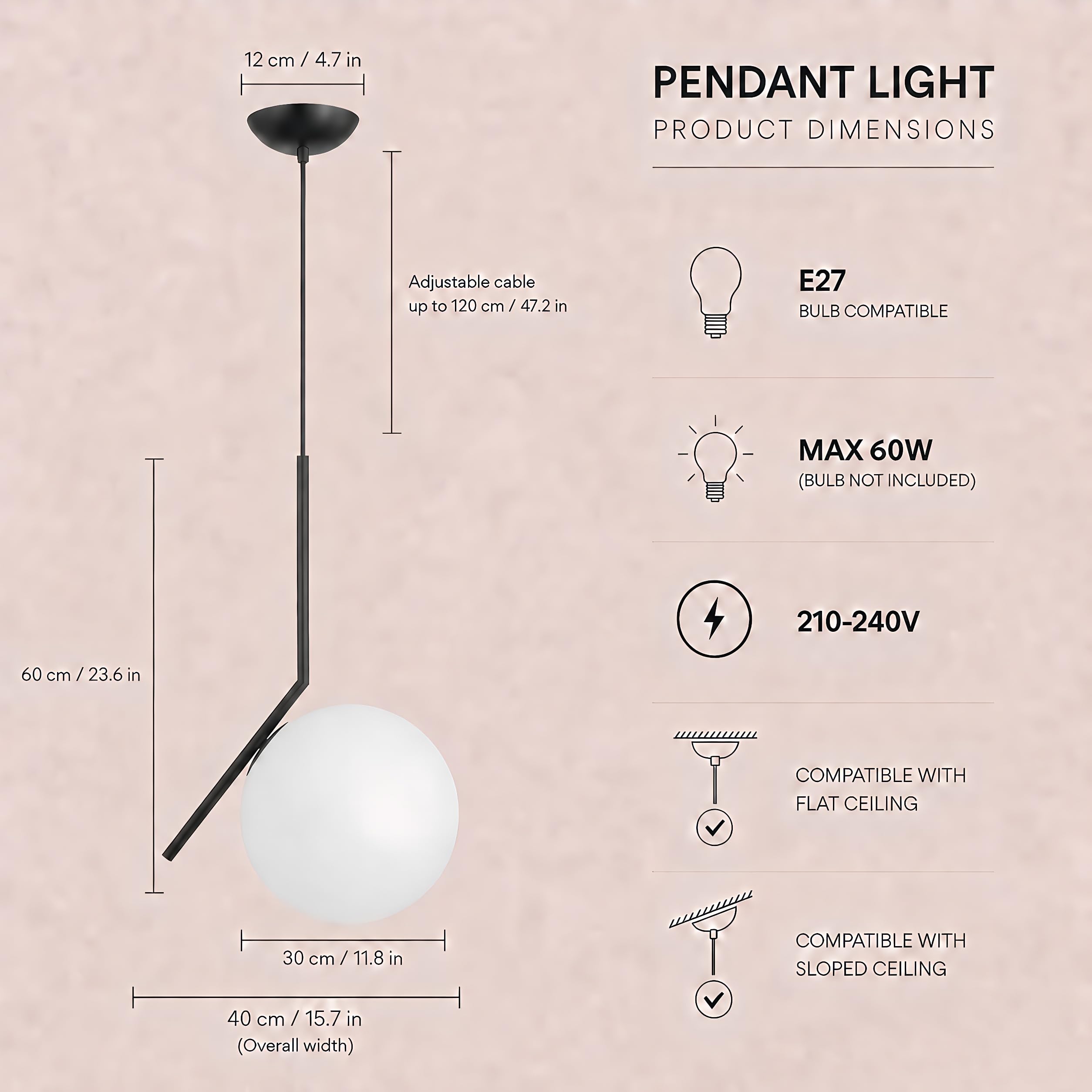 Lampada a sospensione asimmetrica in vetro, Lampada E27, Globo in vetro opalino, Asta in ferro nera, Cavo regolabile da 120cm per cucina, sala da pranzo, camera, caffetteria (30CM)