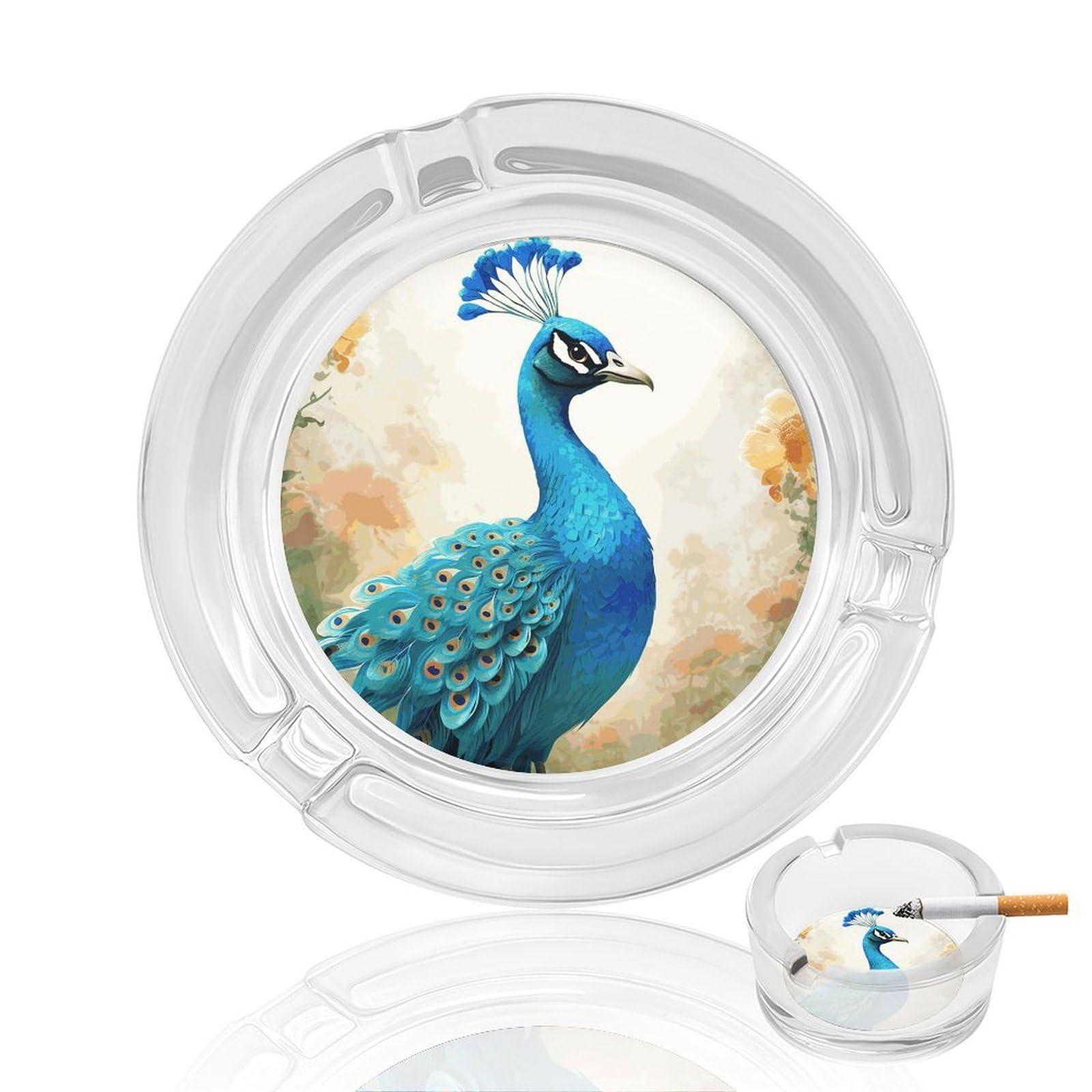 Cendrier en verre bleu motif paon élégant pour fumeurs exigeants