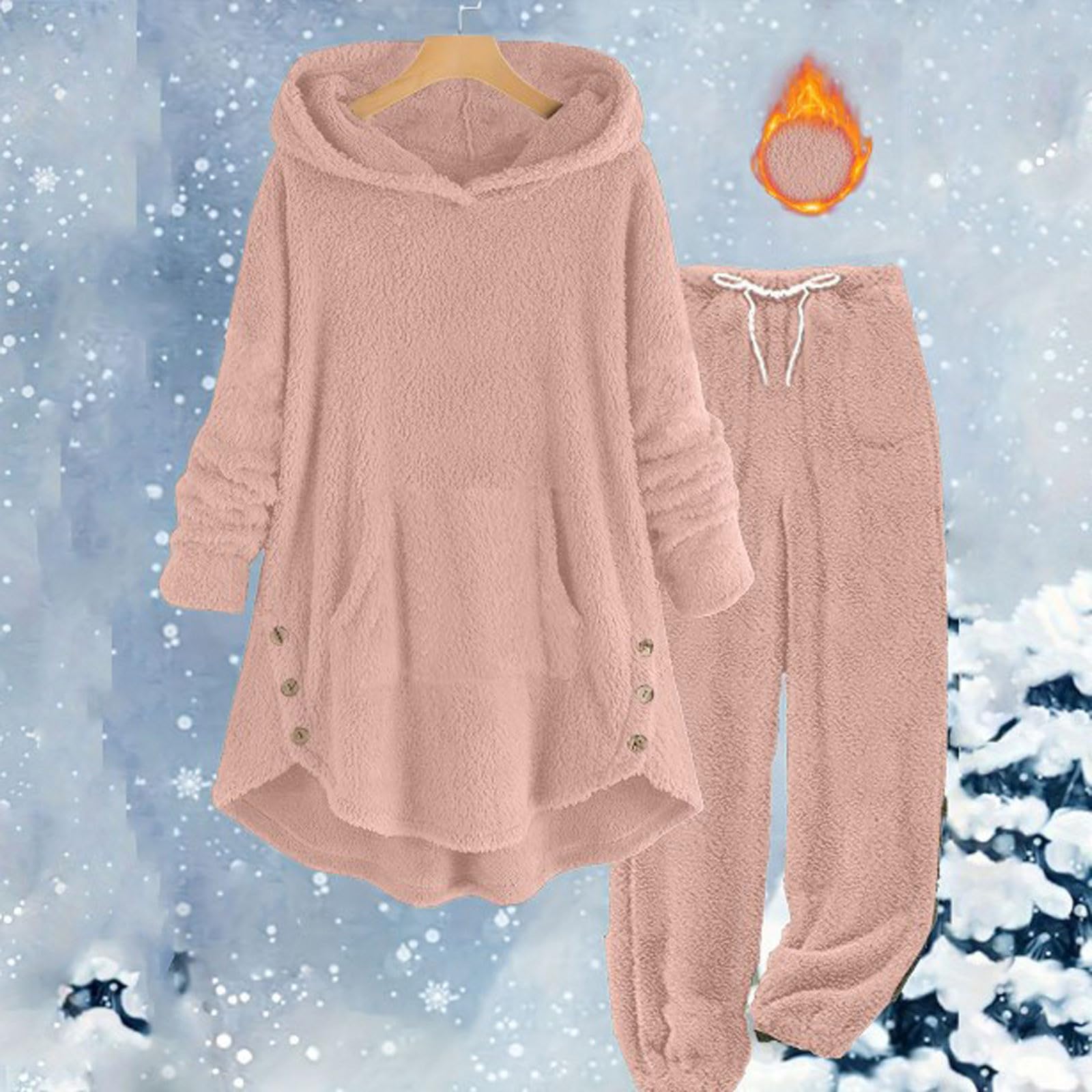 Damen-Trainingsanzug-Set aus Fleece mit Kapuze, warm, für den Winter, langärmlig, Hose, Outfit, lässige Loungewear, gemütlicher zweiteiliger Anzug