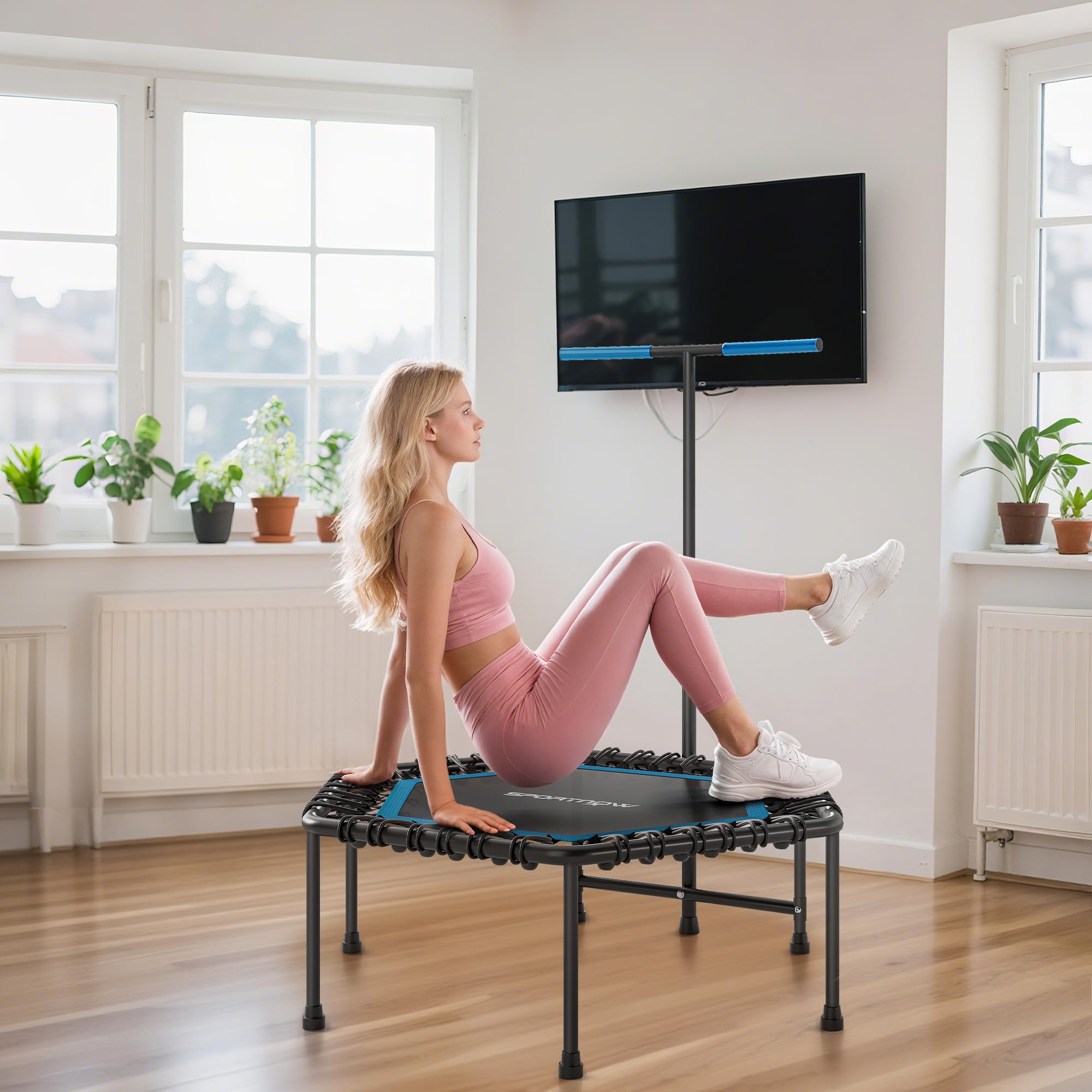SPORTNOW Trampoline de Fitness 114 cm avec Cordes élastiques, poignée réglable sur 3 Positions, Trampoline Adulte Charge 100 kg Stable et Silencieux pour entraînement intérieur