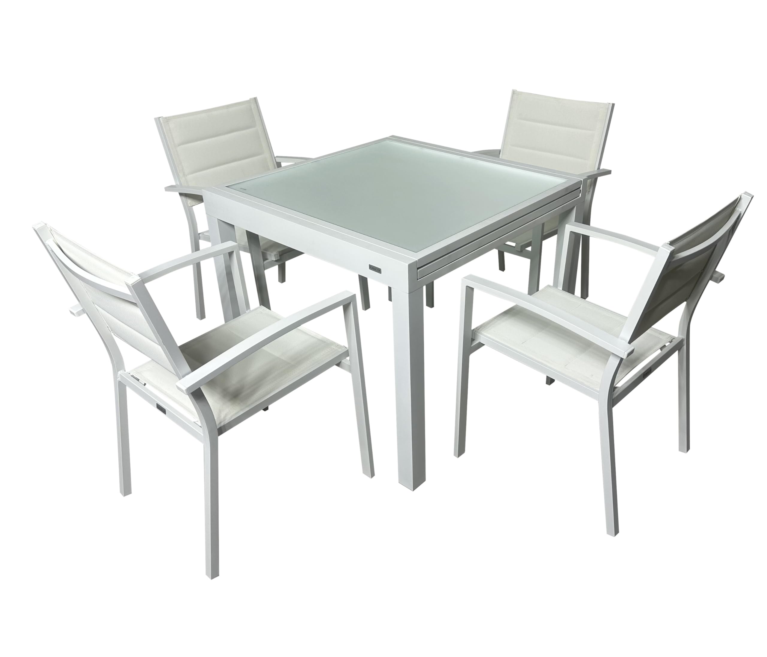 MOMMAHOME® Set Mesa Extensible y 4 sillas terraza, Conjunto Muebles Jardín Exterior 5 Piezas, Estructura de Aluminio, Mesa y Sillas Terraza Impermeables, Resistentes a Exterior (Blanco)