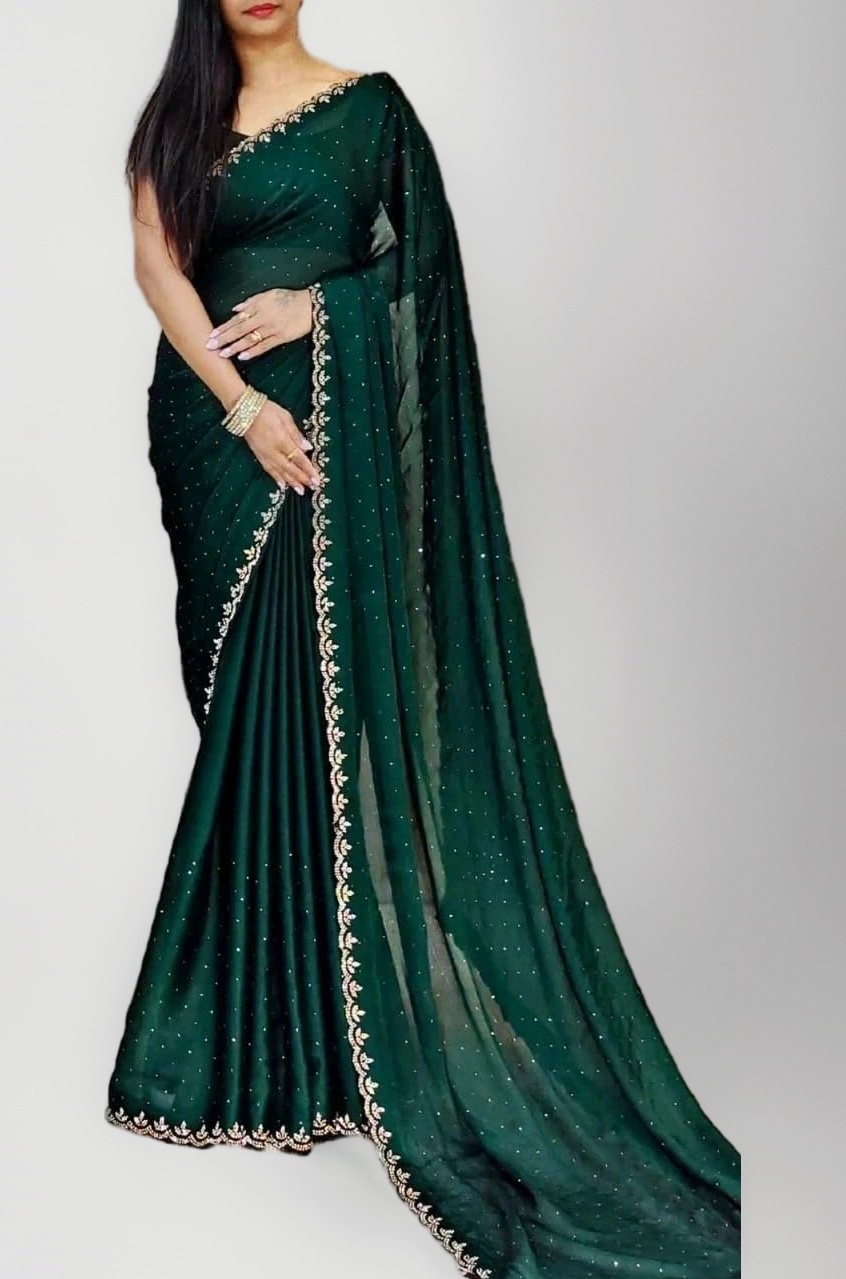 Women's Dailywear Georgette Stone Work Saree with Border & All-Over Stone Embellishments – Wedding Saree with Blouse Piece (5 Colors, 5.5m Saree + 0.8m Blouse)