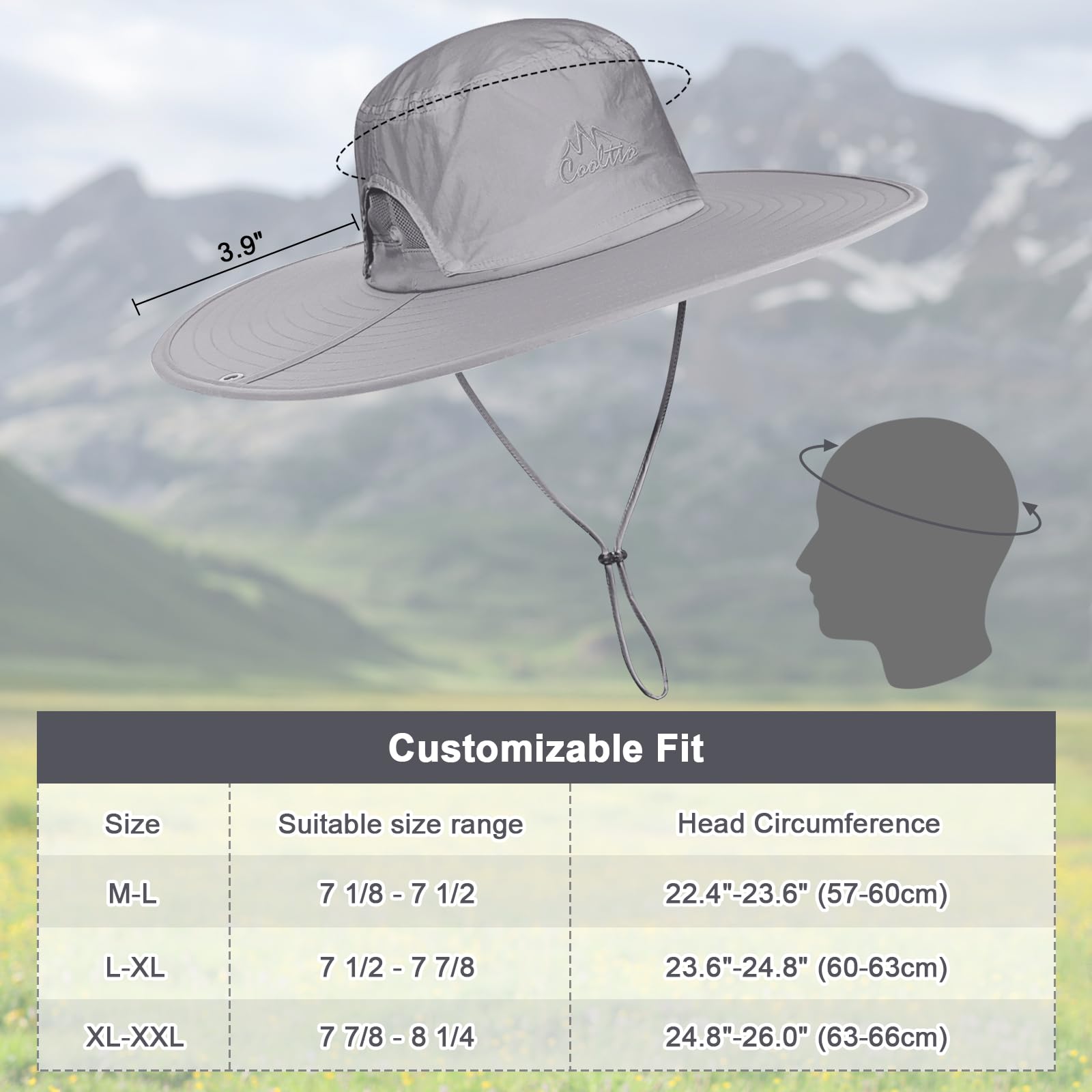 Lot de 2 chapeaux de soleil à large bord pour homme et femme, chapeau cloche UPF 50+, pliable, imperméable, respirant pour la pêche, la randonnée, le camping (gris clair), Lot de 2 gris clair, taille