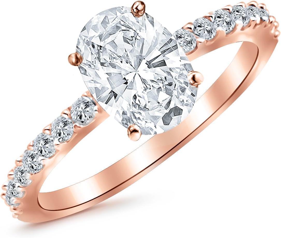 Houston Diamond District 0.8 Ctw 14K White Gold Classic Side Stone Pave Set Engagement Ring w/Oval 0.5 Carat Forever One Moissanite Center