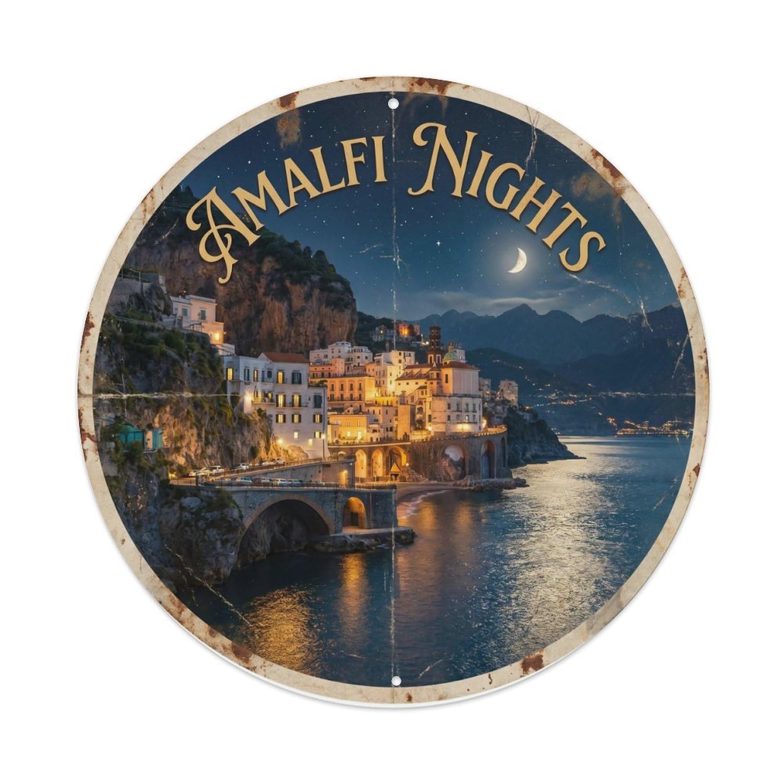 Coastal Amalfi Moonlight Night Travel Riviera Heritage Metal Tin Sign Plaque Wall Decor for Cafe, Man Cave, Club Bar, Office, Home Garden Round Metal Poster 8x8Inch