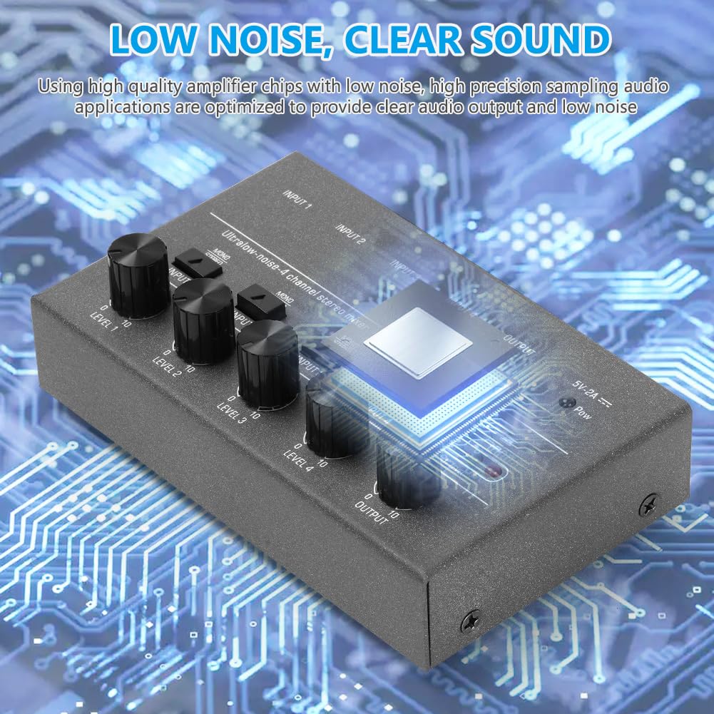 OFFCUP 4-K-Audio-Mixer, ultrakompakter, geräuscharmer Metall-Karaoke-Sound-Mixer mit separater Lautstärkeregelung für Gitarre, Bass, Keyboard, Mikrofon (Grau)
